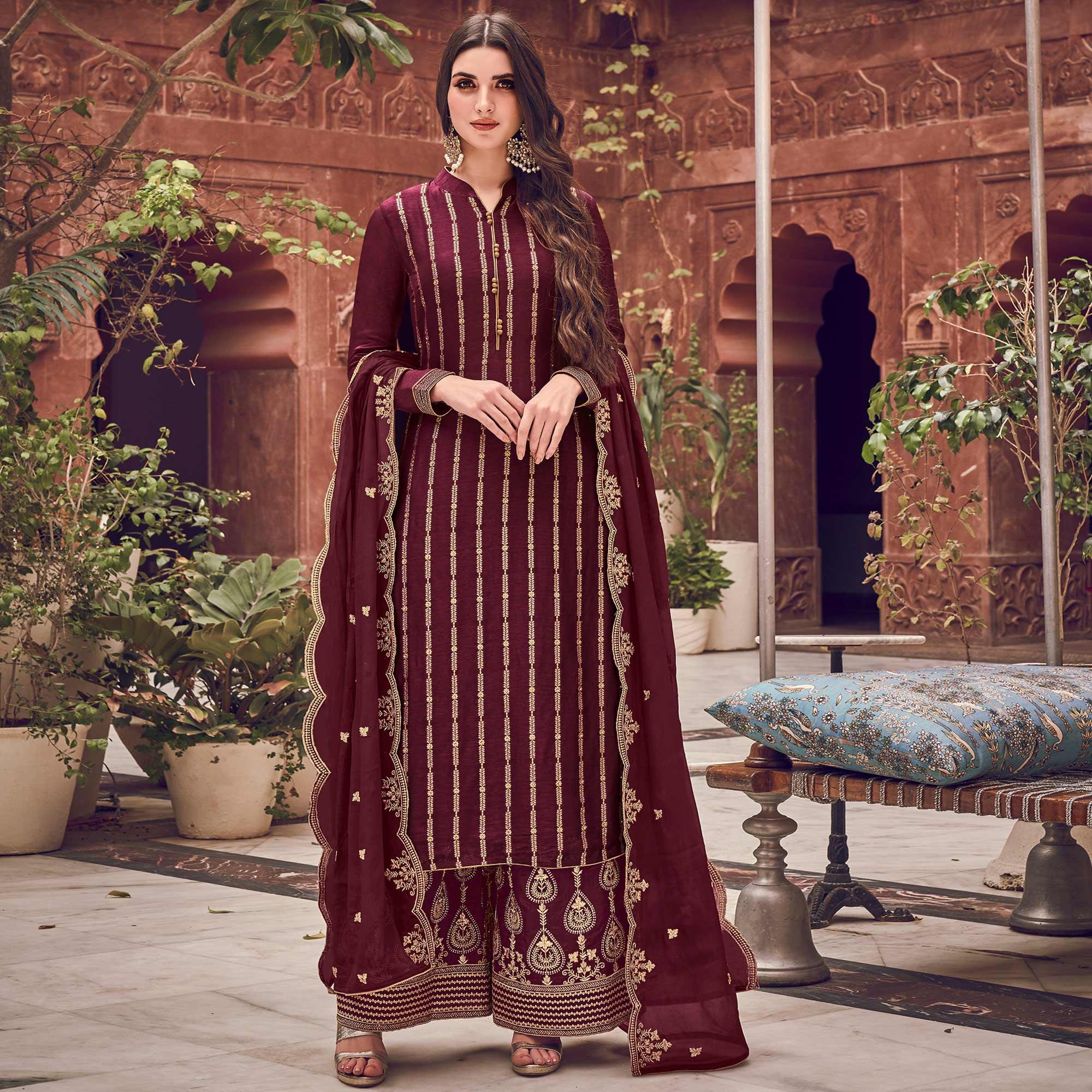 Maroon Floral Embroidered Pure Dola Jacquard Partywear Suit - Peachmode