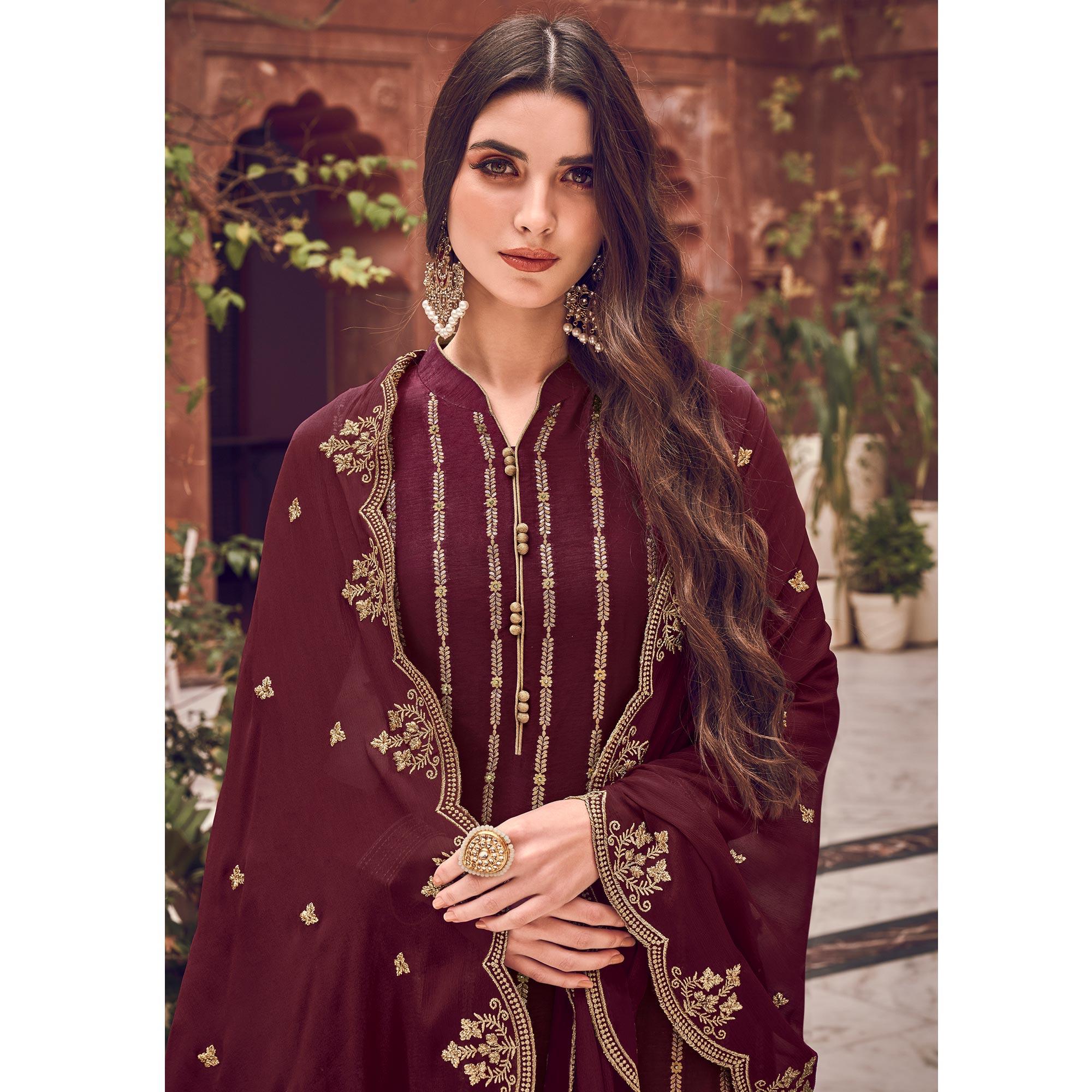 Maroon Floral Embroidered Pure Dola Jacquard Partywear Suit - Peachmode