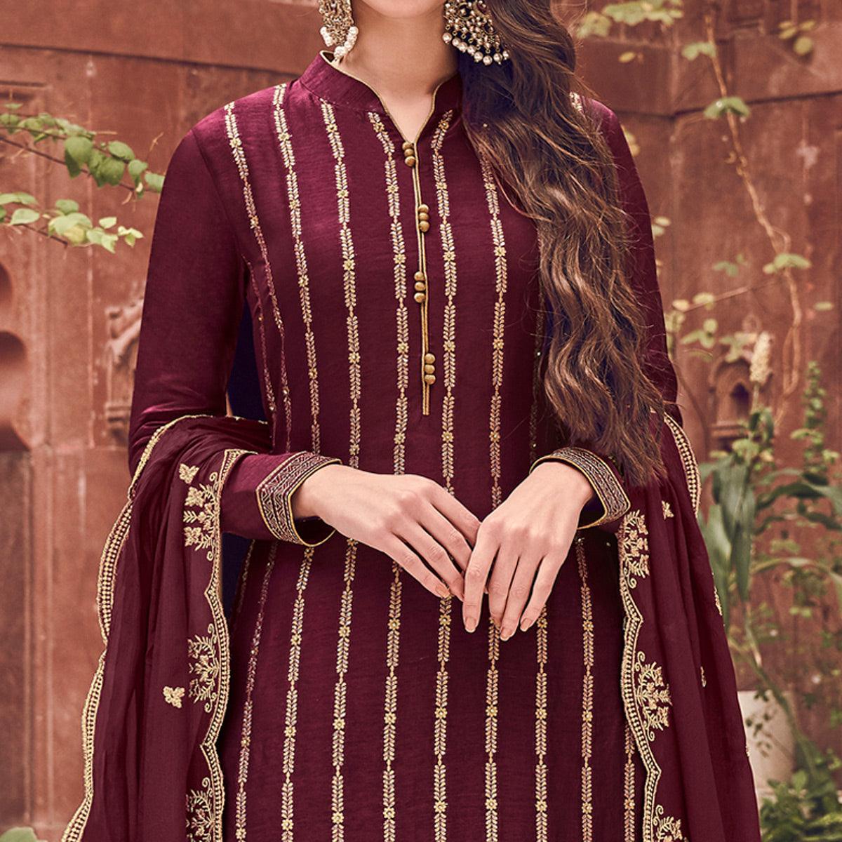 Maroon Floral Embroidered Pure Dola Jacquard Partywear Suit - Peachmode