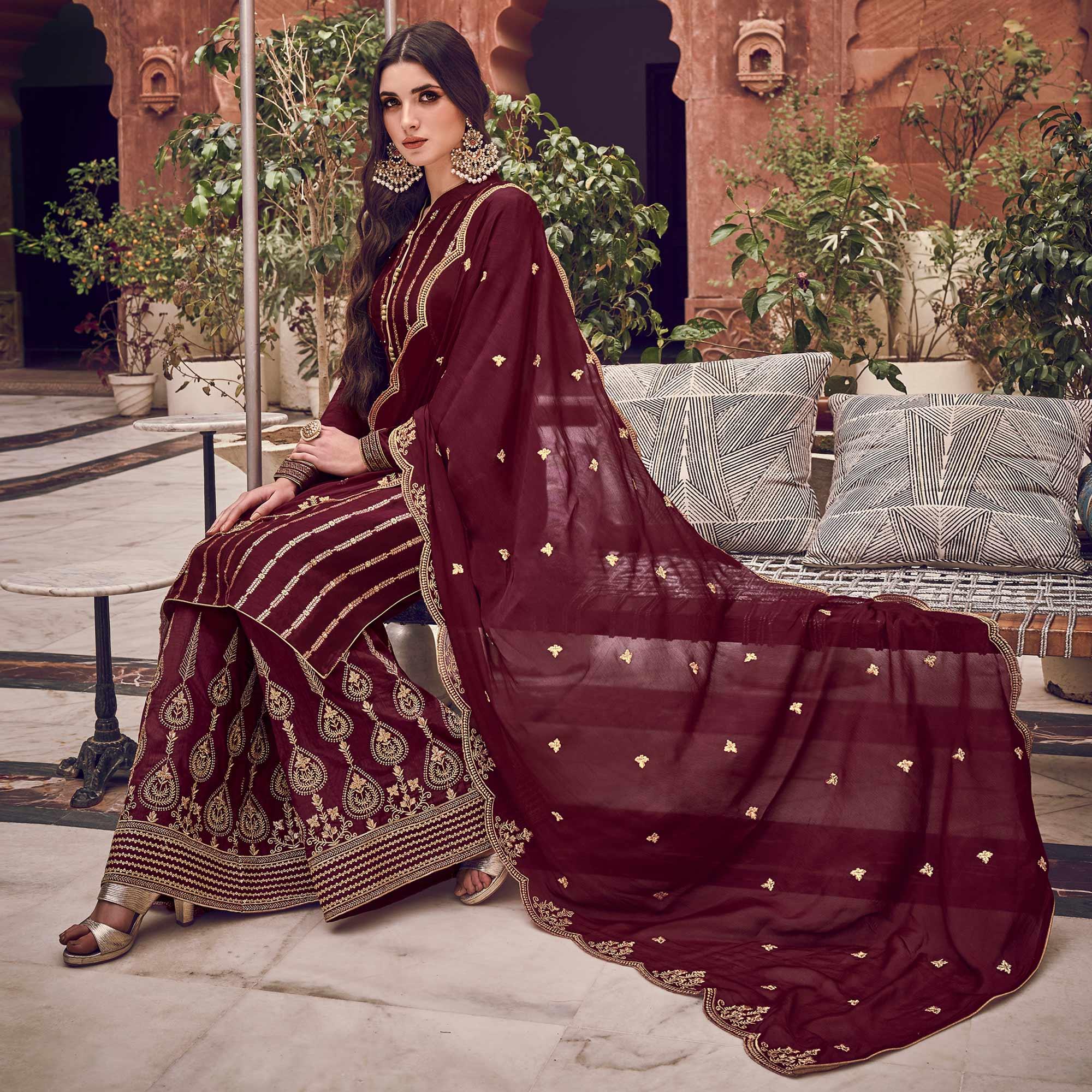 Maroon Floral Embroidered Pure Dola Jacquard Partywear Suit - Peachmode