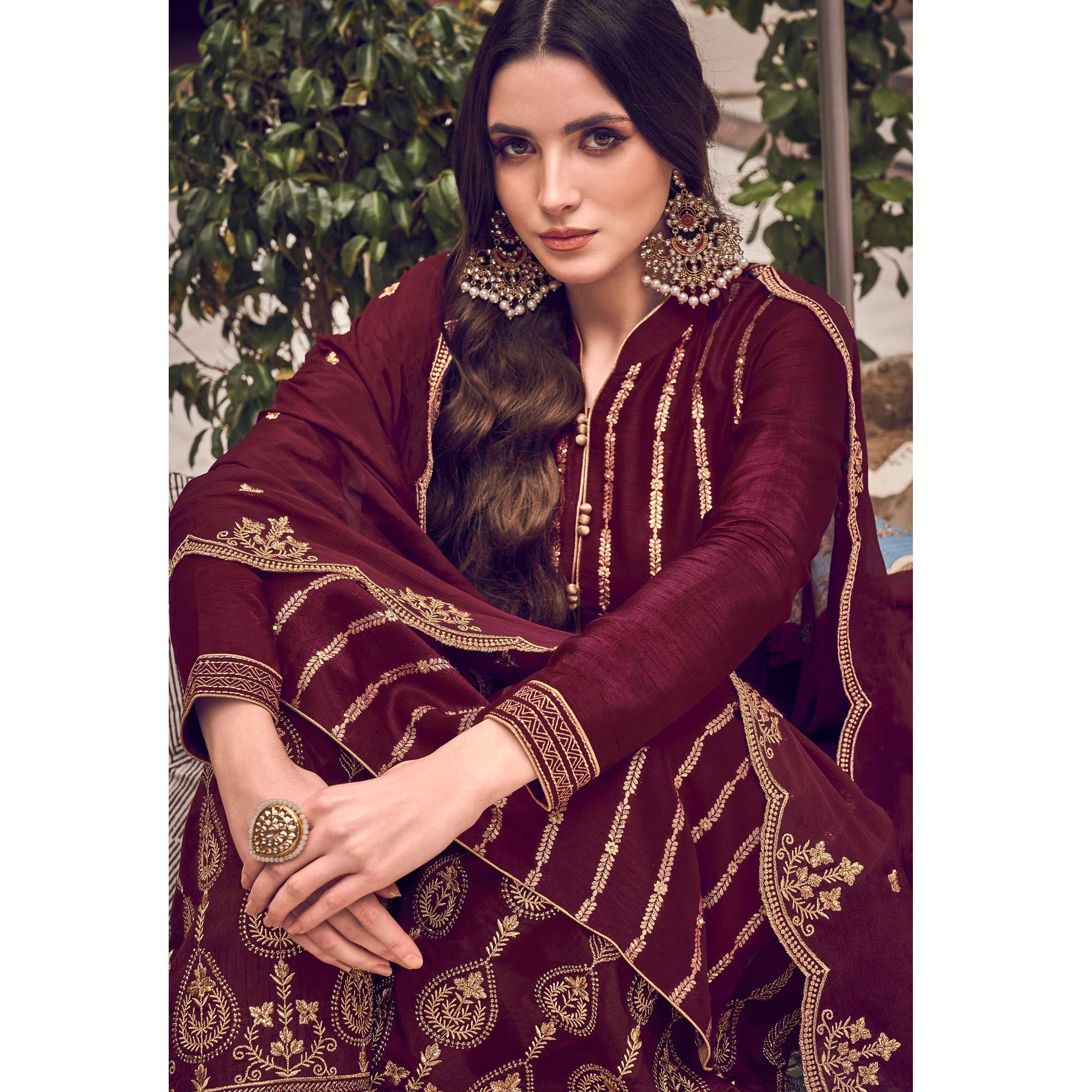 Maroon Floral Embroidered Pure Dola Jacquard Partywear Suit - Peachmode