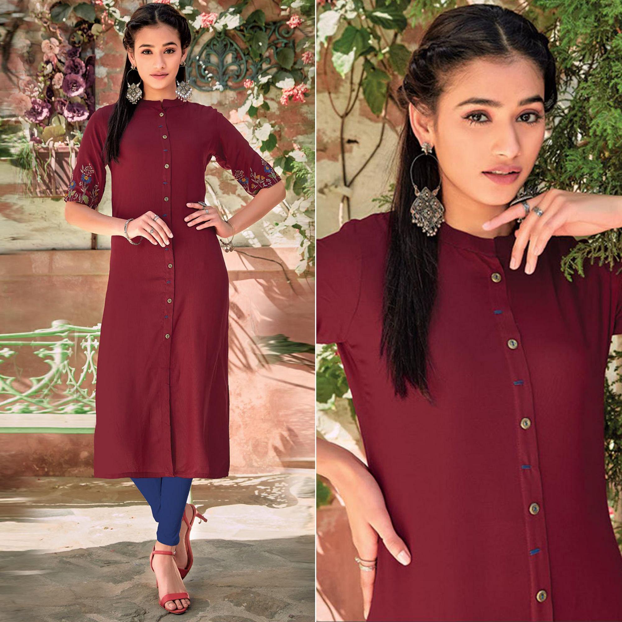 Maroon Floral Embroidered Rayon Kurti - Peachmode