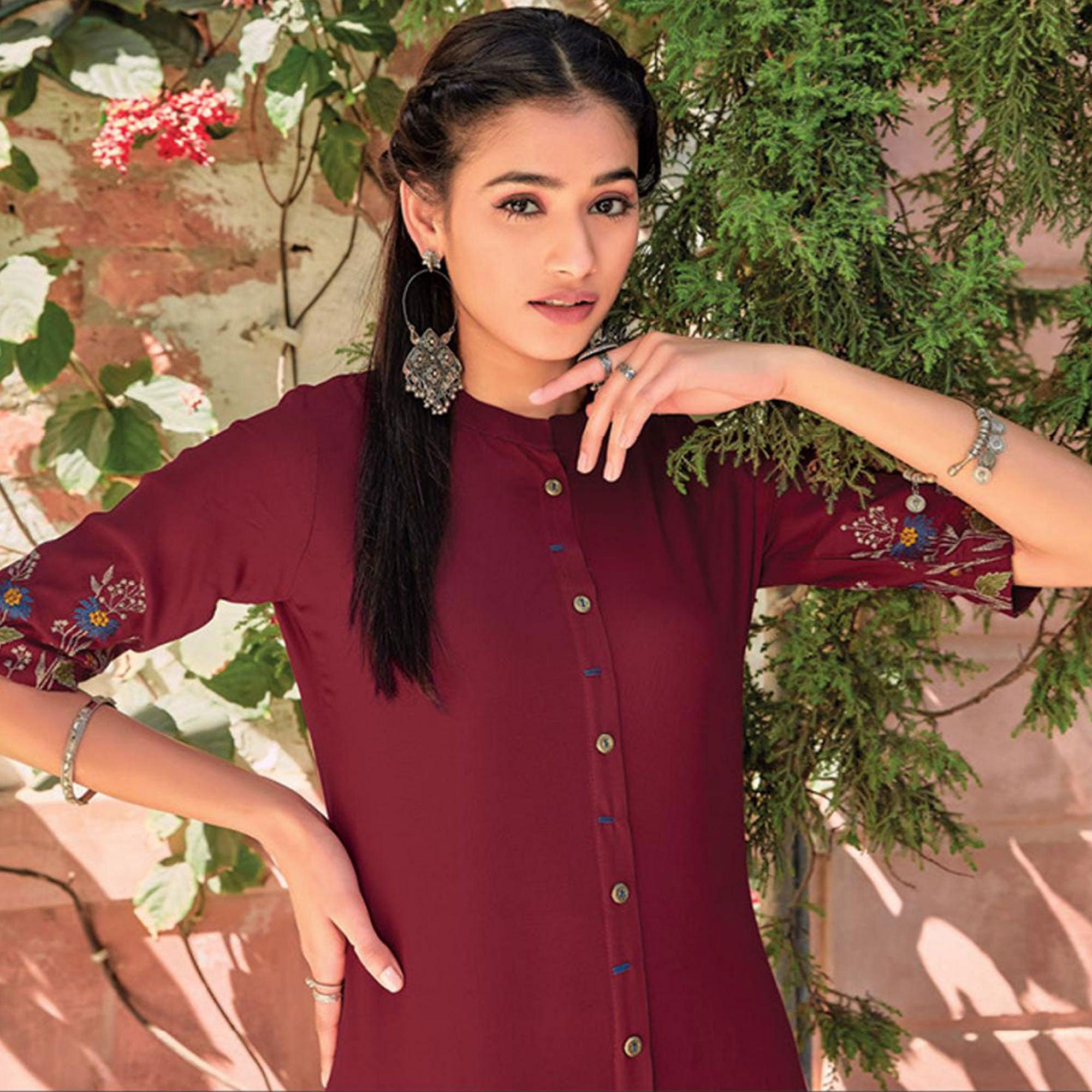 Maroon Floral Embroidered Rayon Kurti - Peachmode