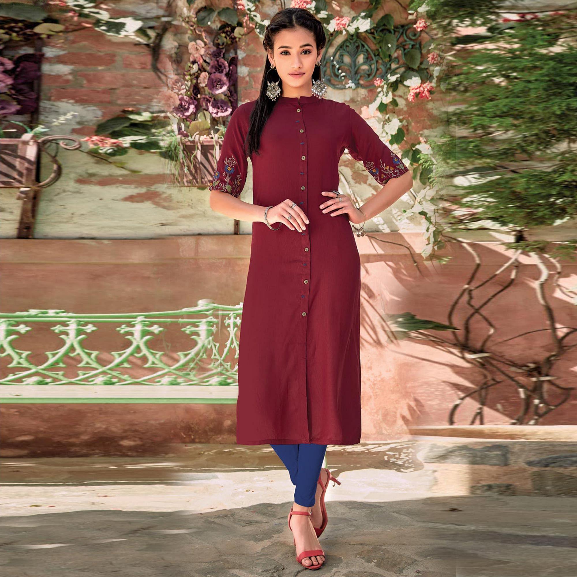 Maroon Floral Embroidered Rayon Kurti - Peachmode