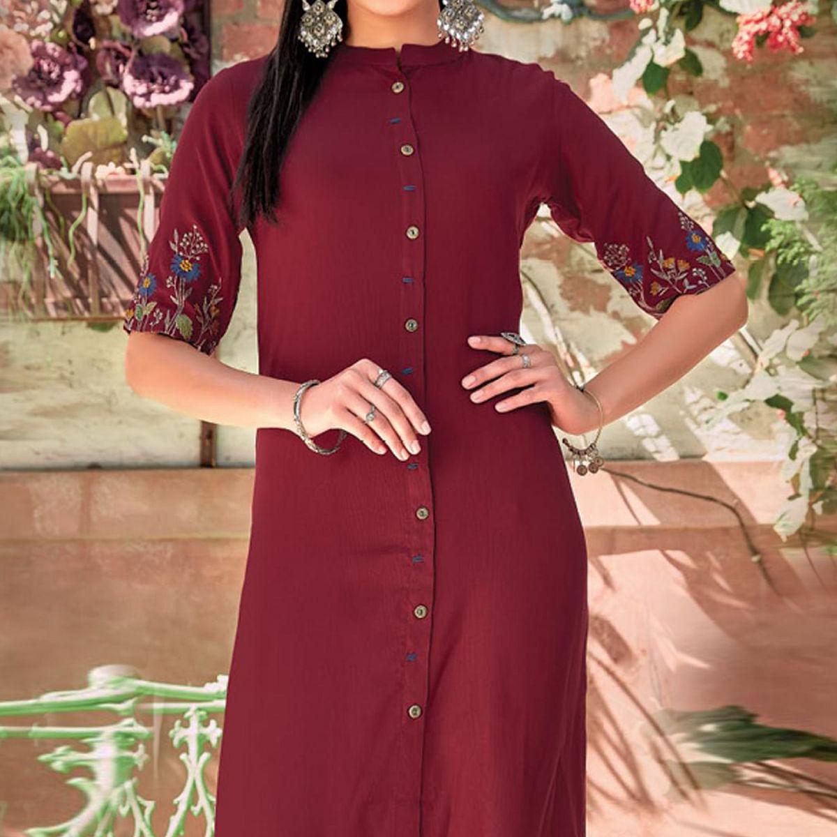 Maroon Floral Embroidered Rayon Kurti - Peachmode