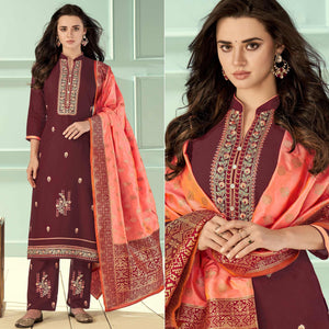 Maroon Floral Embroidered Rayon Partywear Suit - Peachmode