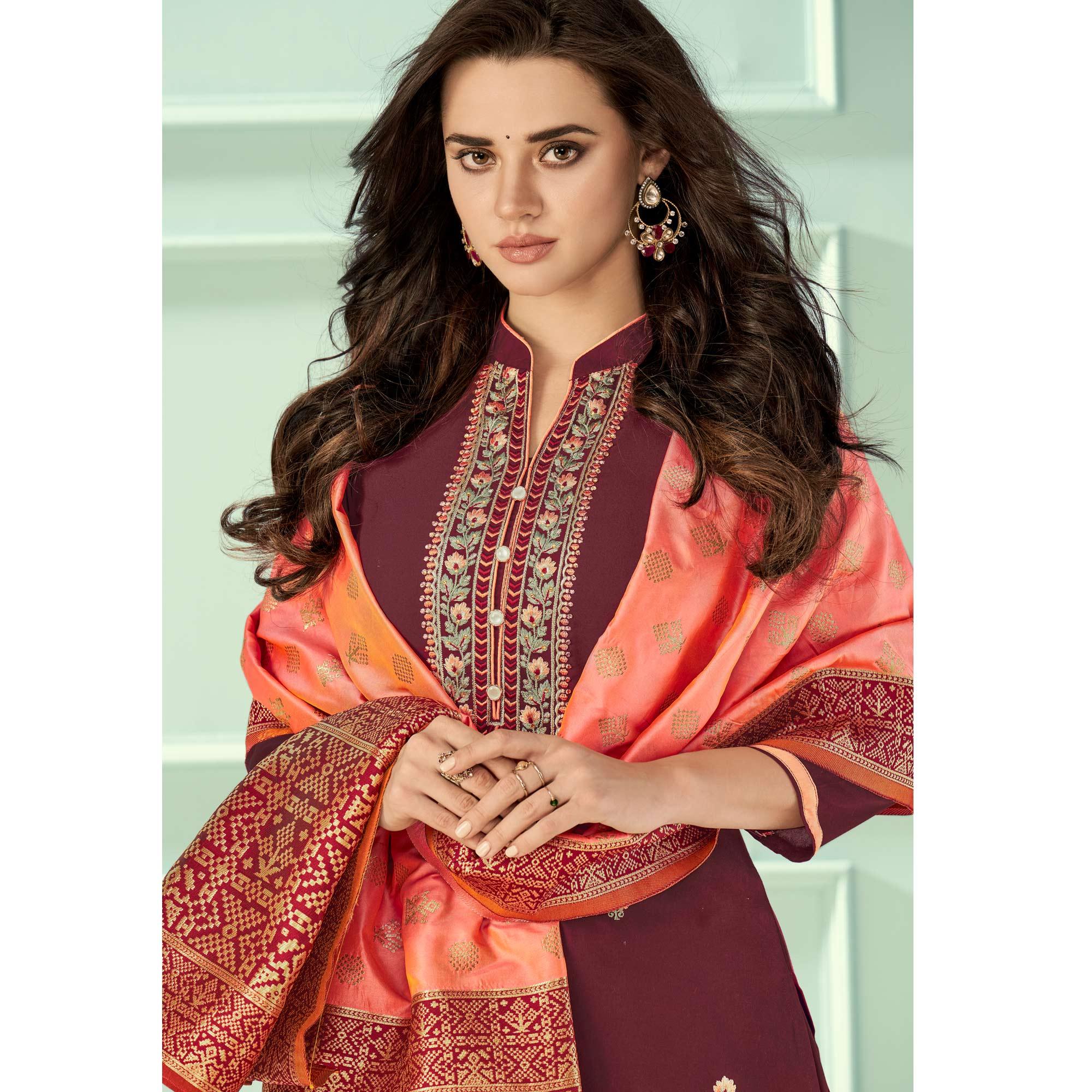 Maroon Floral Embroidered Rayon Partywear Suit - Peachmode
