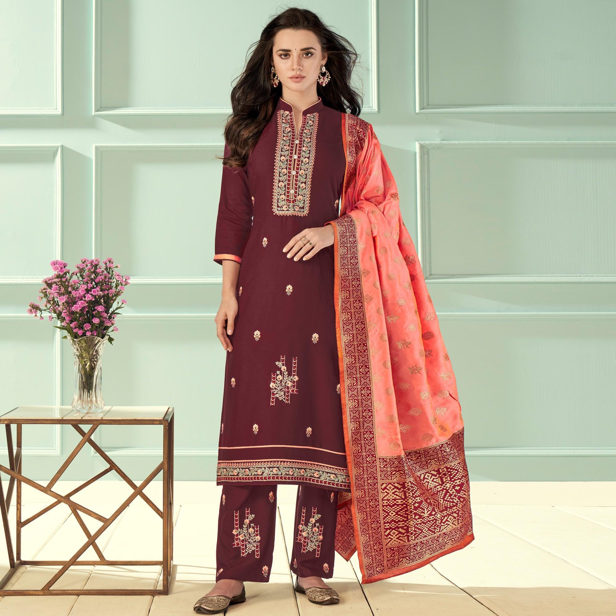Maroon Floral Embroidered Rayon Partywear Suit - Peachmode