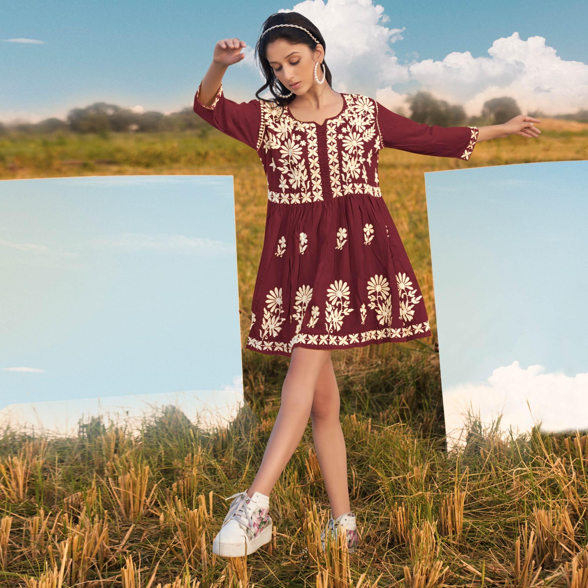 Maroon Floral Embroidered Rayon Top - Peachmode