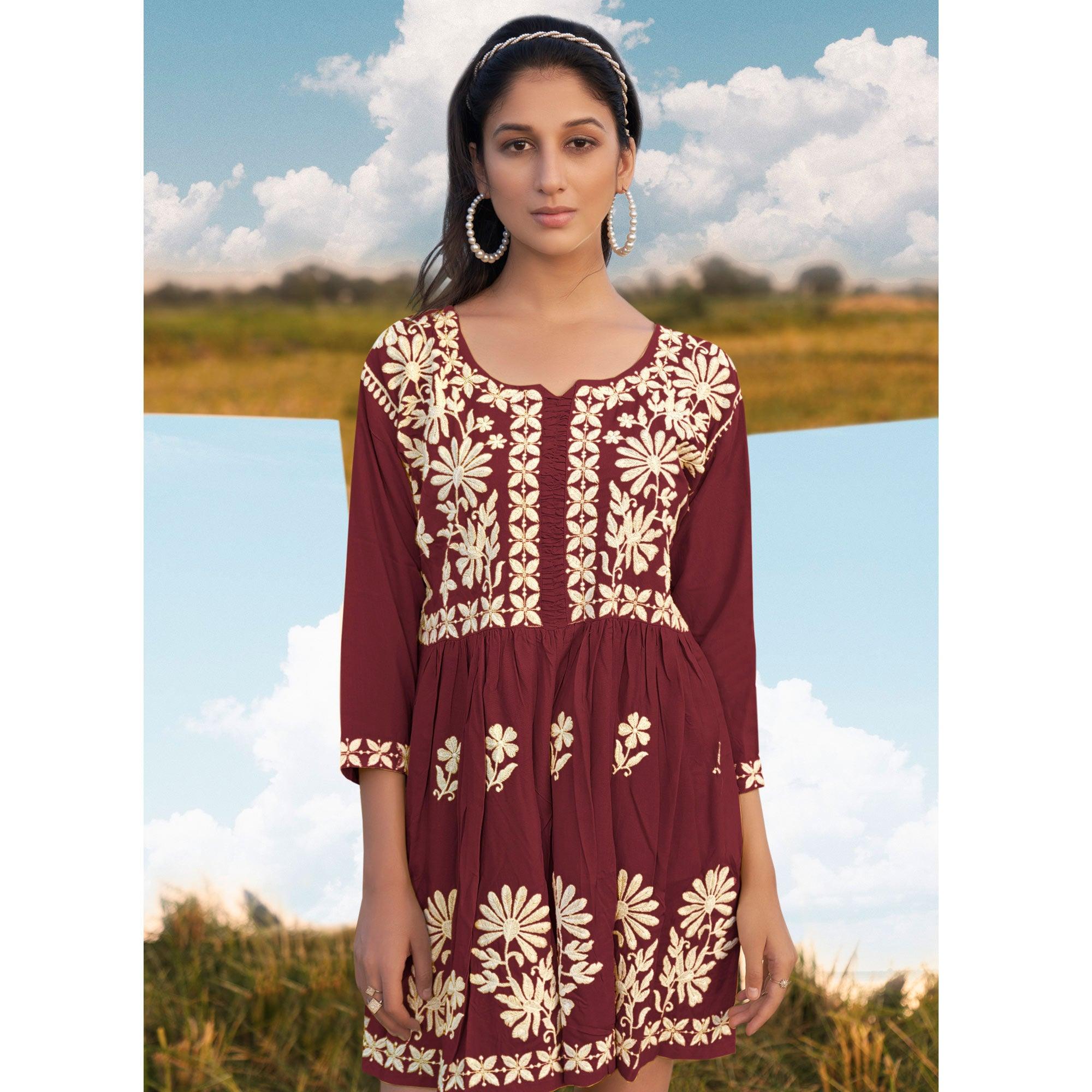Maroon Floral Embroidered Rayon Top - Peachmode