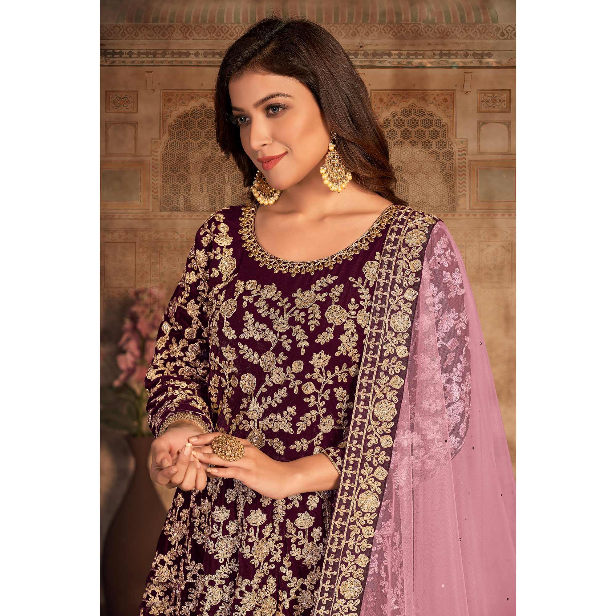 Maroon Floral Embroidered Velvet Partywear Gown - Peachmode