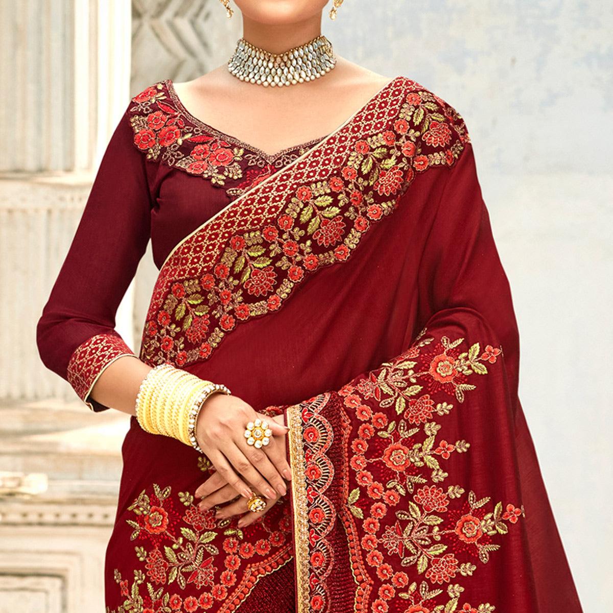 Maroon Floral Embroidered Vichitra Silk Saree - Peachmode