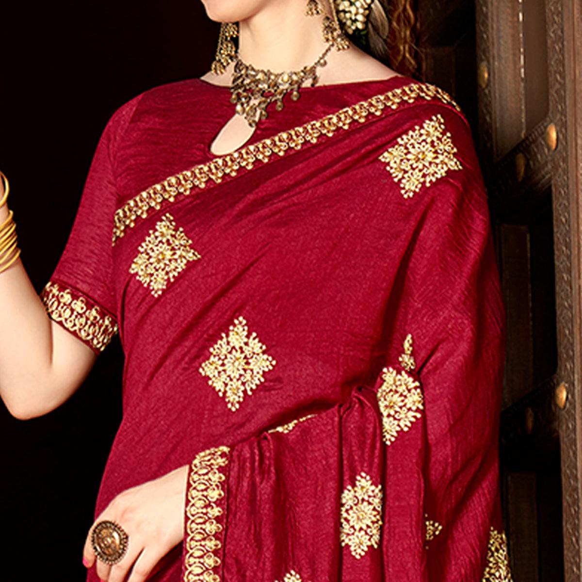 Maroon Floral Embroidered Vichitra Silk Saree - Peachmode