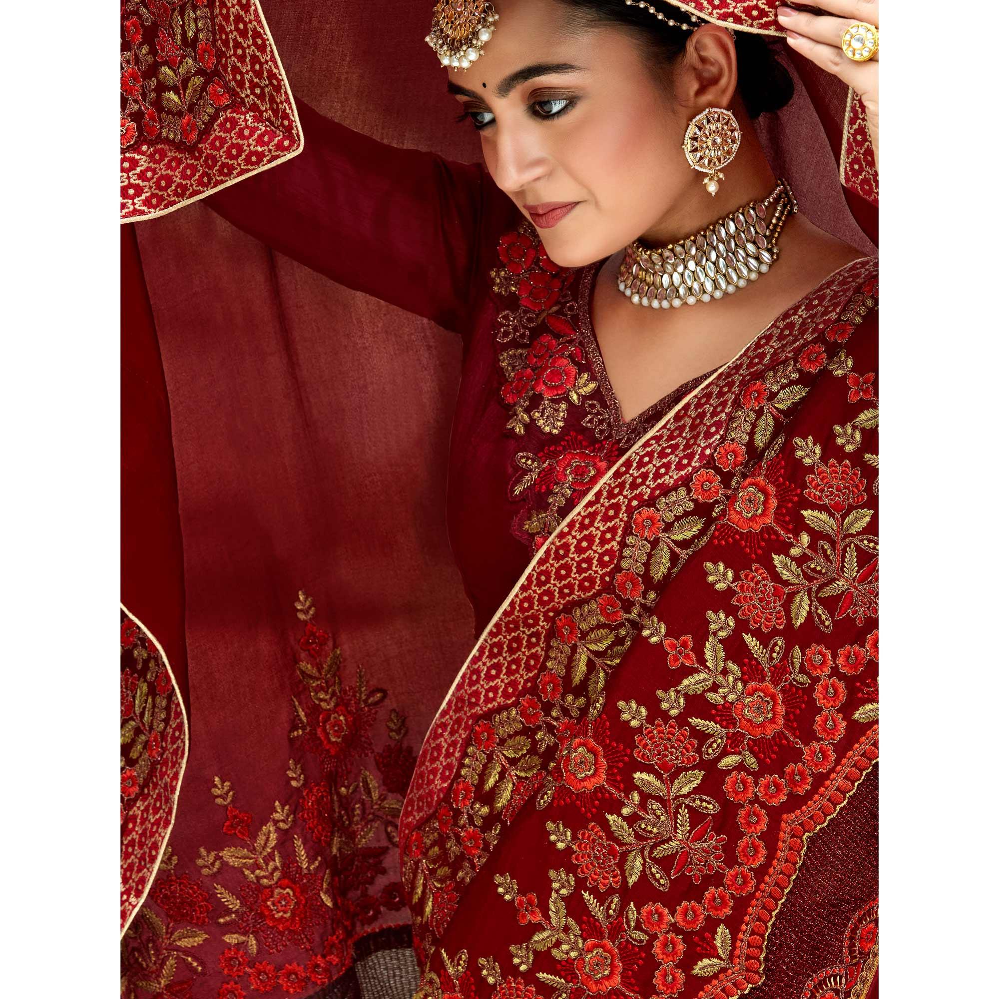 Maroon Floral Embroidered Vichitra Silk Saree - Peachmode