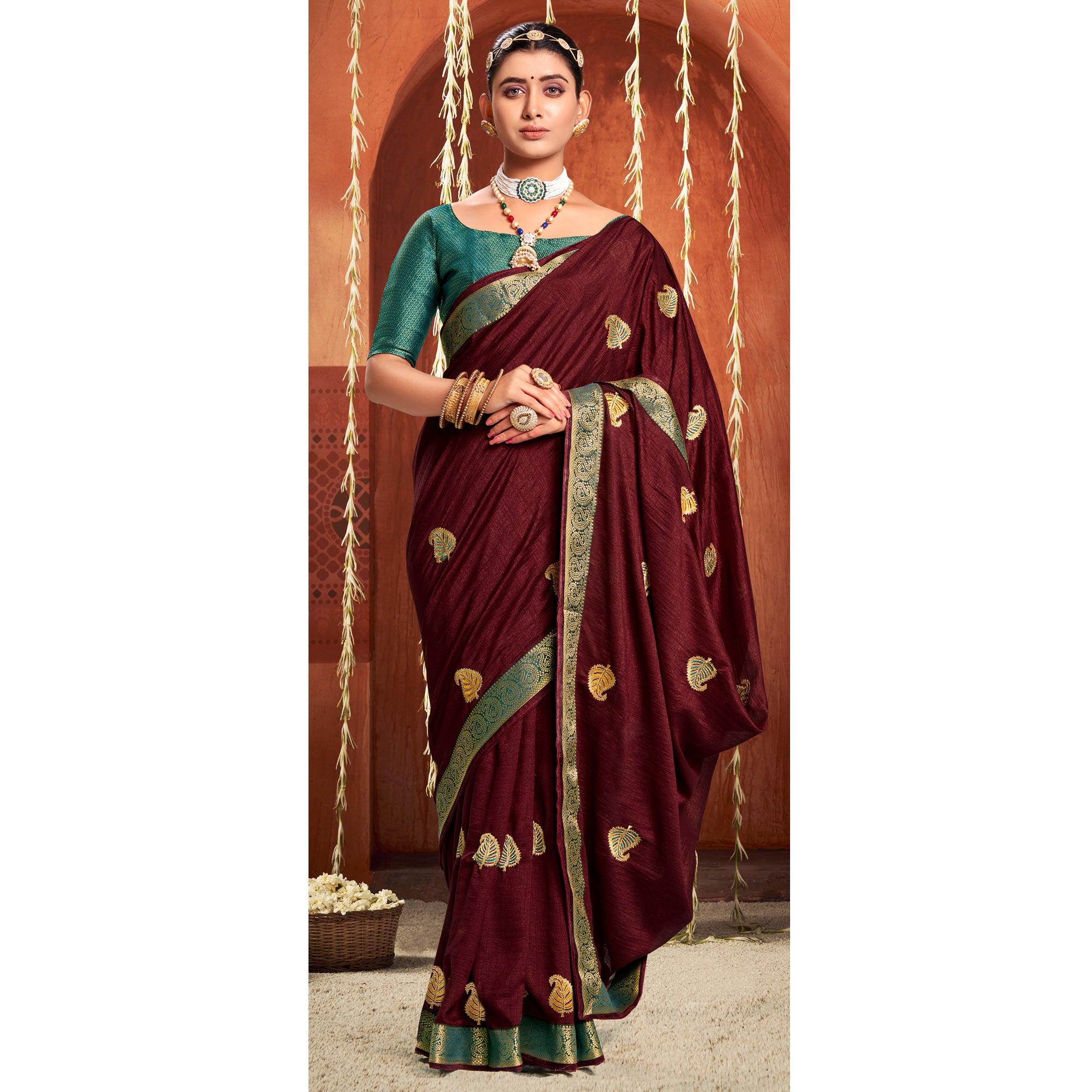 Maroon Floral Embroidered Vichitra Silk Saree - Peachmode