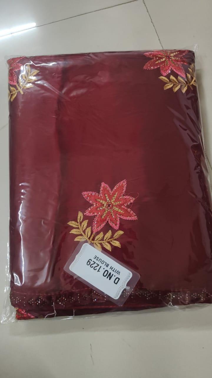 Maroon Floral Embroidered With Embellished Georgette Saree - Peachmode