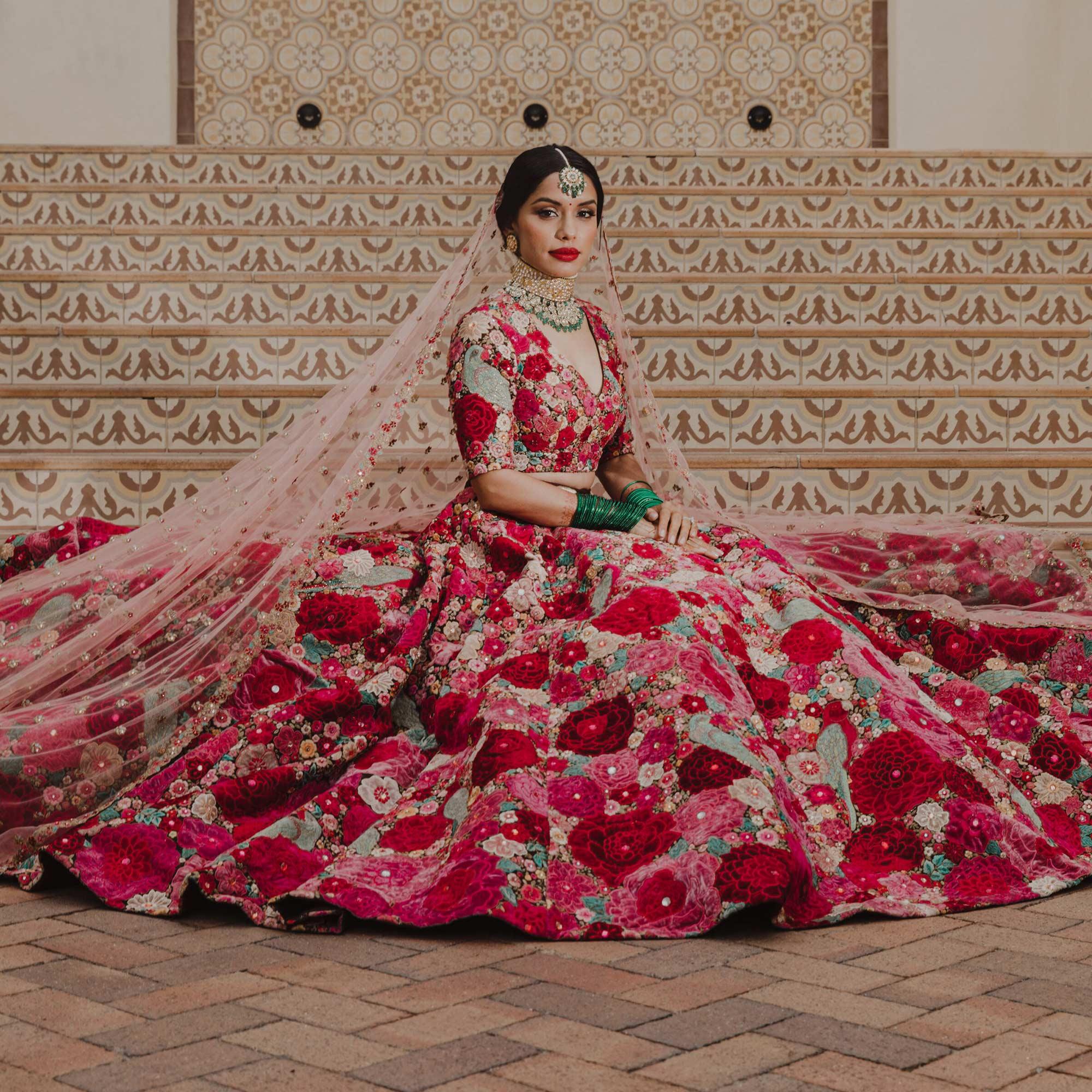 Maroon Floral Embroidered With Embellished Velvet Lehenga Choli - Peachmode
