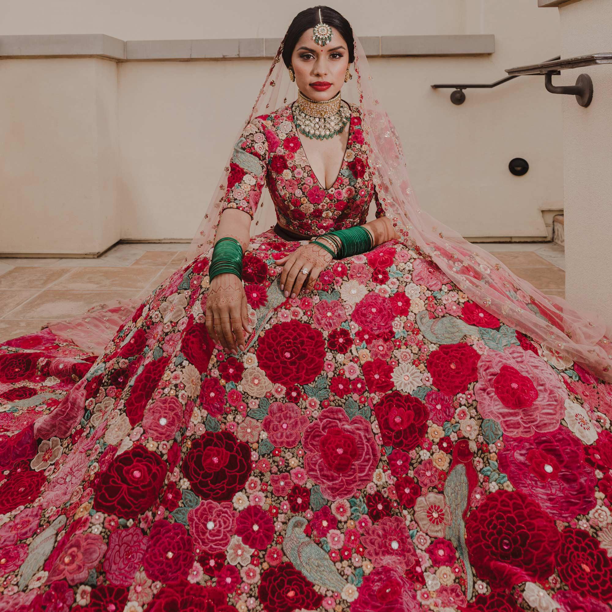 Maroon Floral Embroidered With Embellished Velvet Lehenga Choli - Peachmode