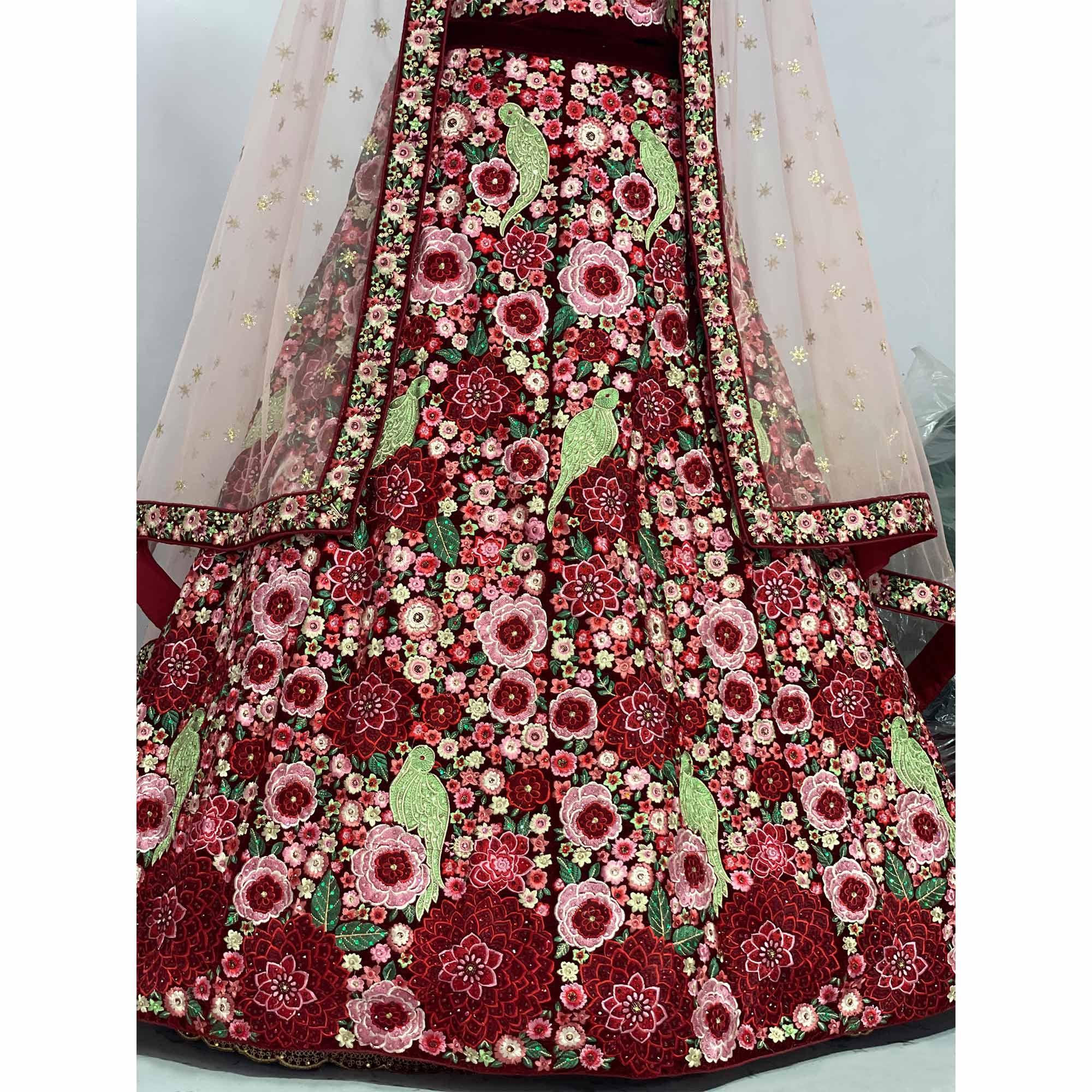 Maroon Floral Embroidered With Embellished Velvet Lehenga Choli - Peachmode