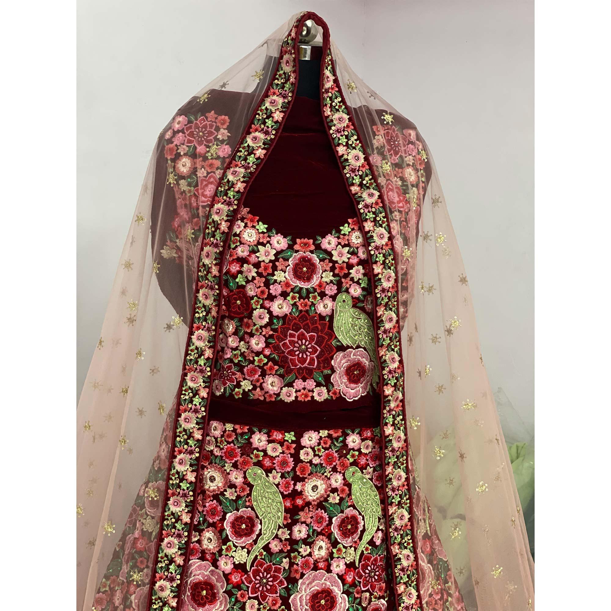 Maroon Floral Embroidered With Embellished Velvet Lehenga Choli - Peachmode