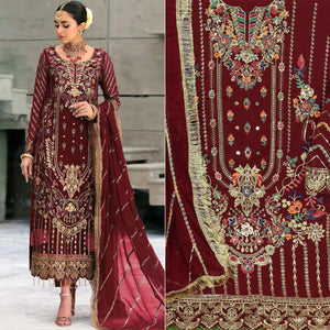 Maroon Floral Embroidered With Sequence Georgette Pakistani Suit - Peachmode