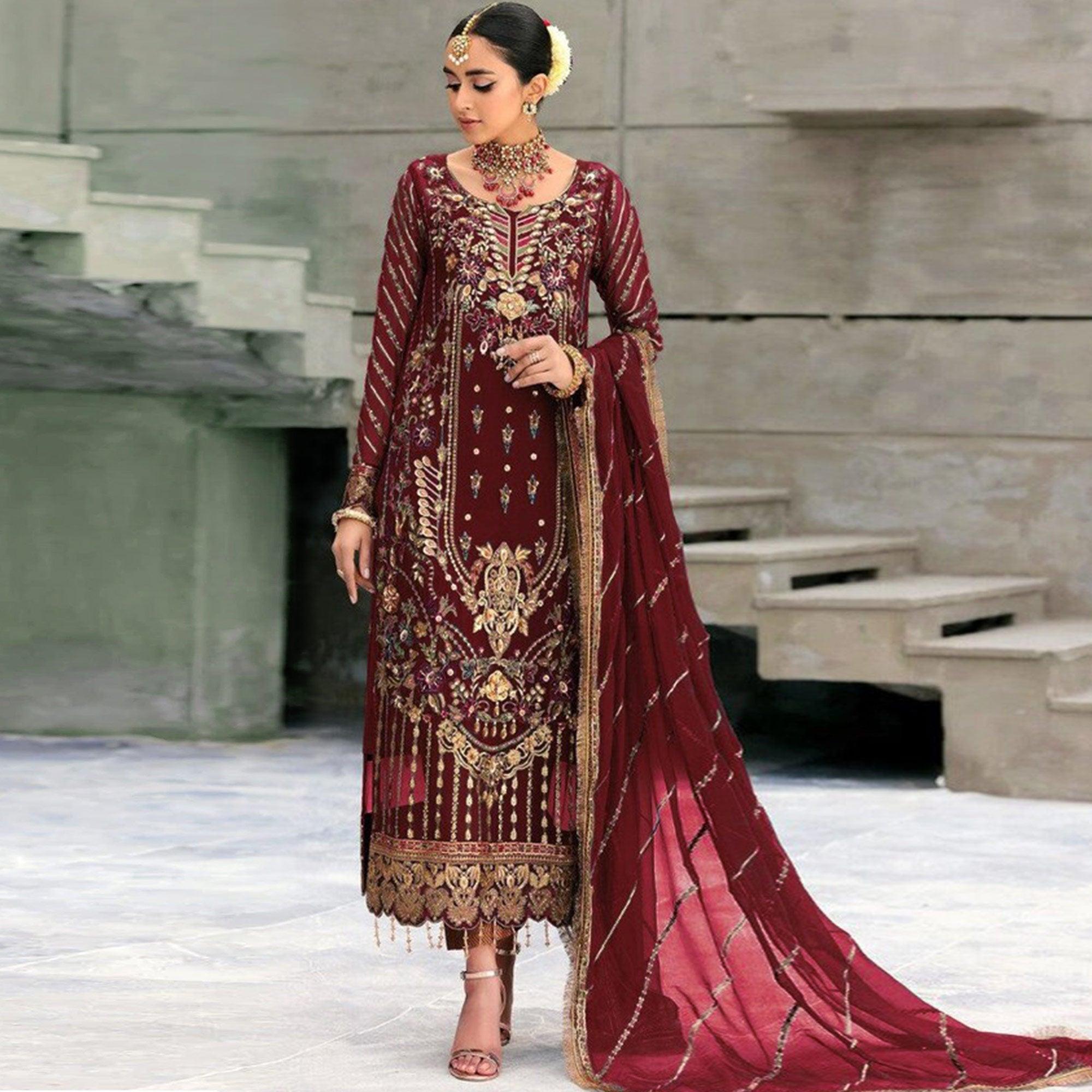 Maroon Floral Embroidered With Sequence Georgette Pakistani Suit - Peachmode