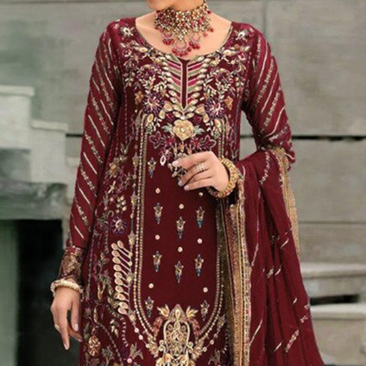 Maroon Floral Embroidered With Sequence Georgette Pakistani Suit - Peachmode