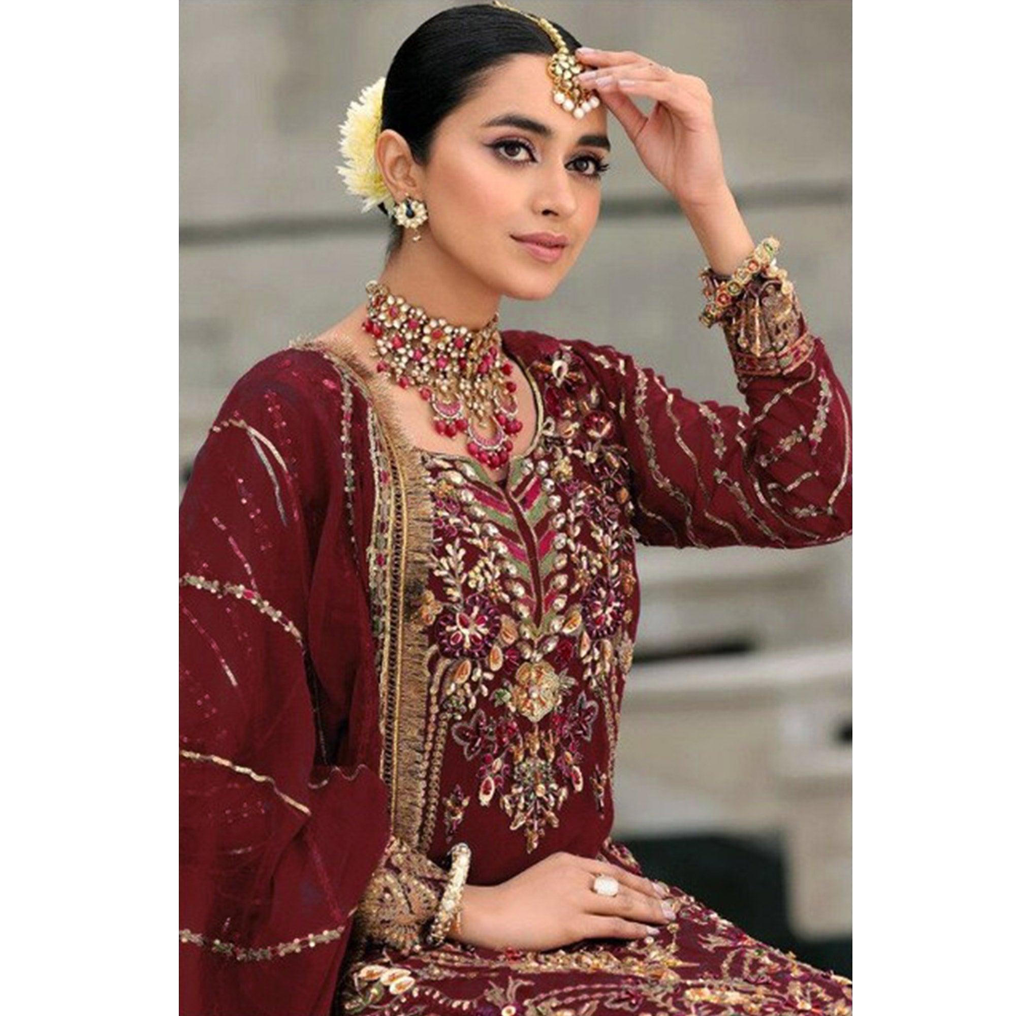 Maroon Floral Embroidered With Sequence Georgette Pakistani Suit - Peachmode