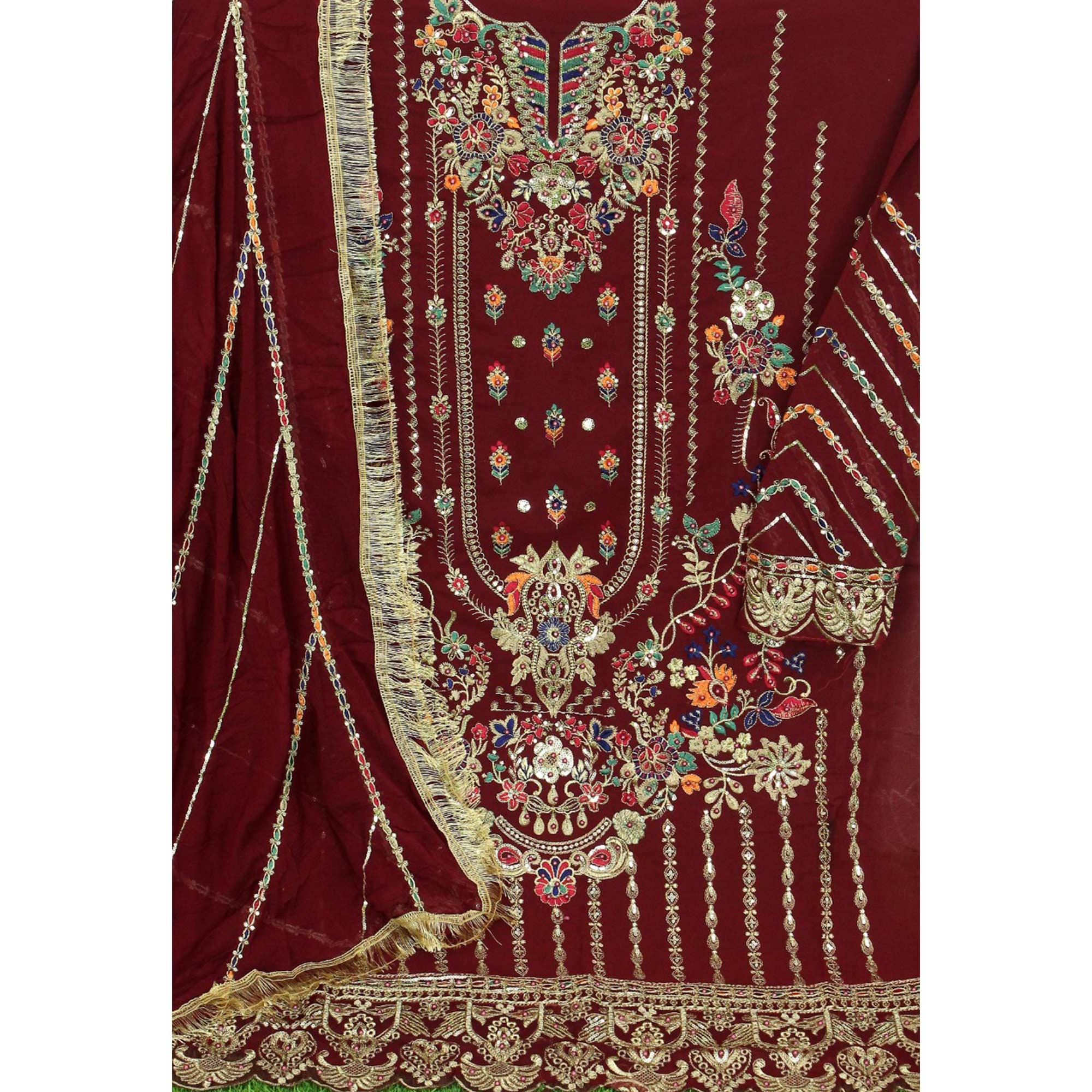 Maroon Floral Embroidered With Sequence Georgette Pakistani Suit - Peachmode