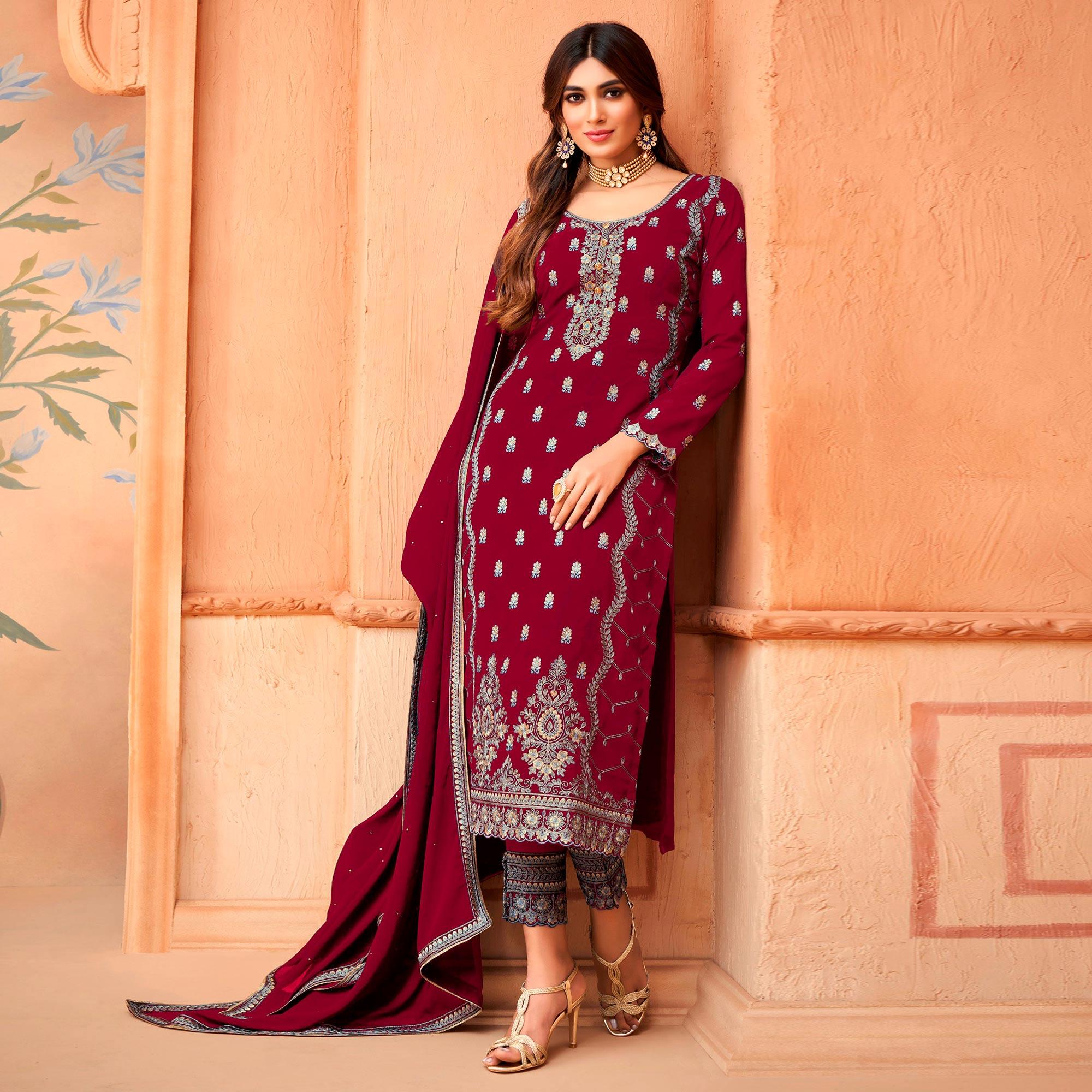 Maroon Floral Embroidery Designer Georgette Partywear Suit - Peachmode