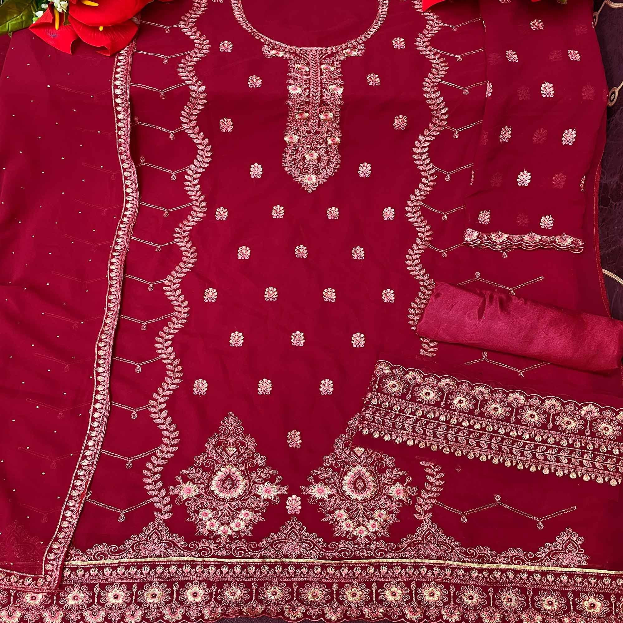 Maroon Floral Embroidery Designer Georgette Partywear Suit - Peachmode