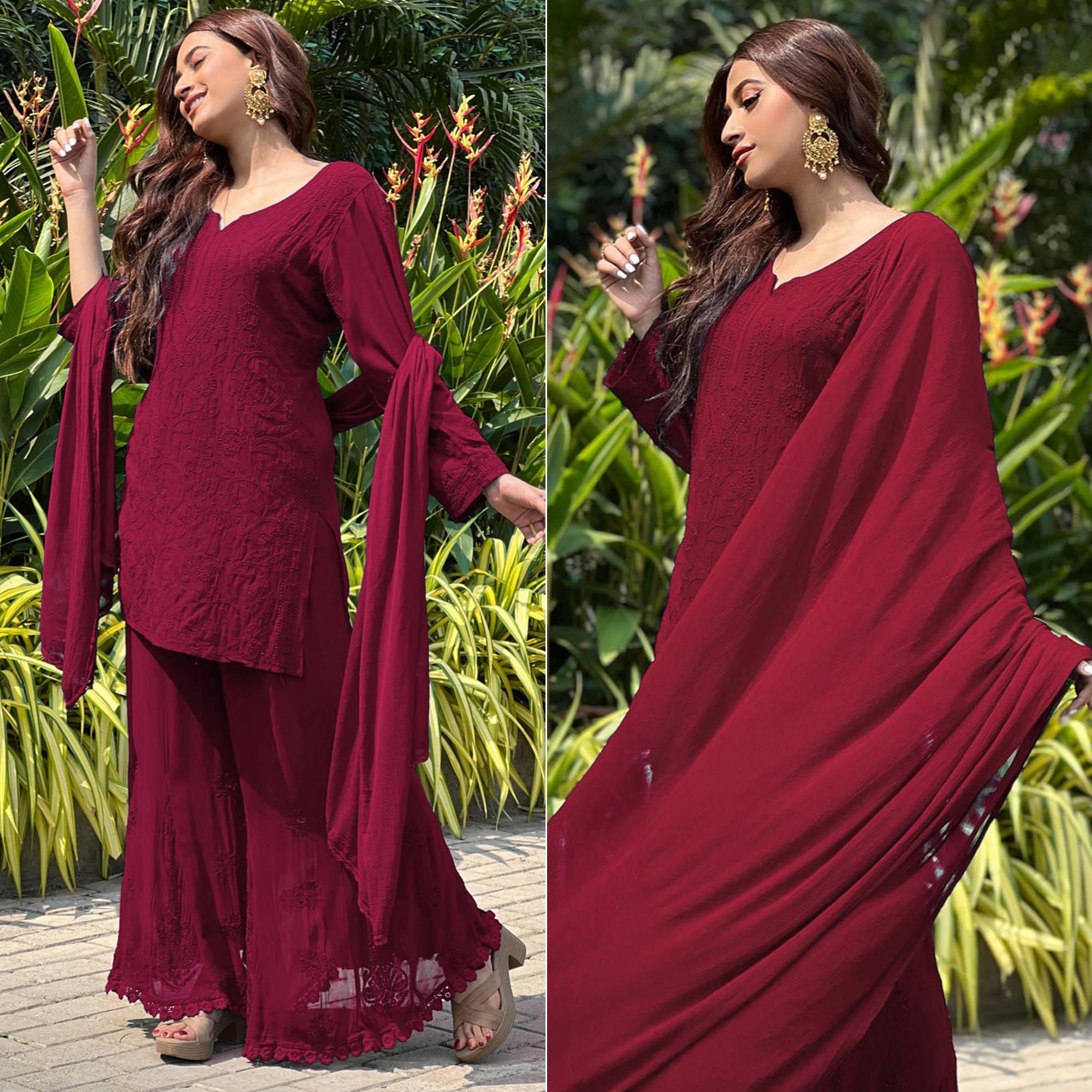 Maroon Floral Lucknowi Embroidered Georgette Sharara Suit - Peachmode