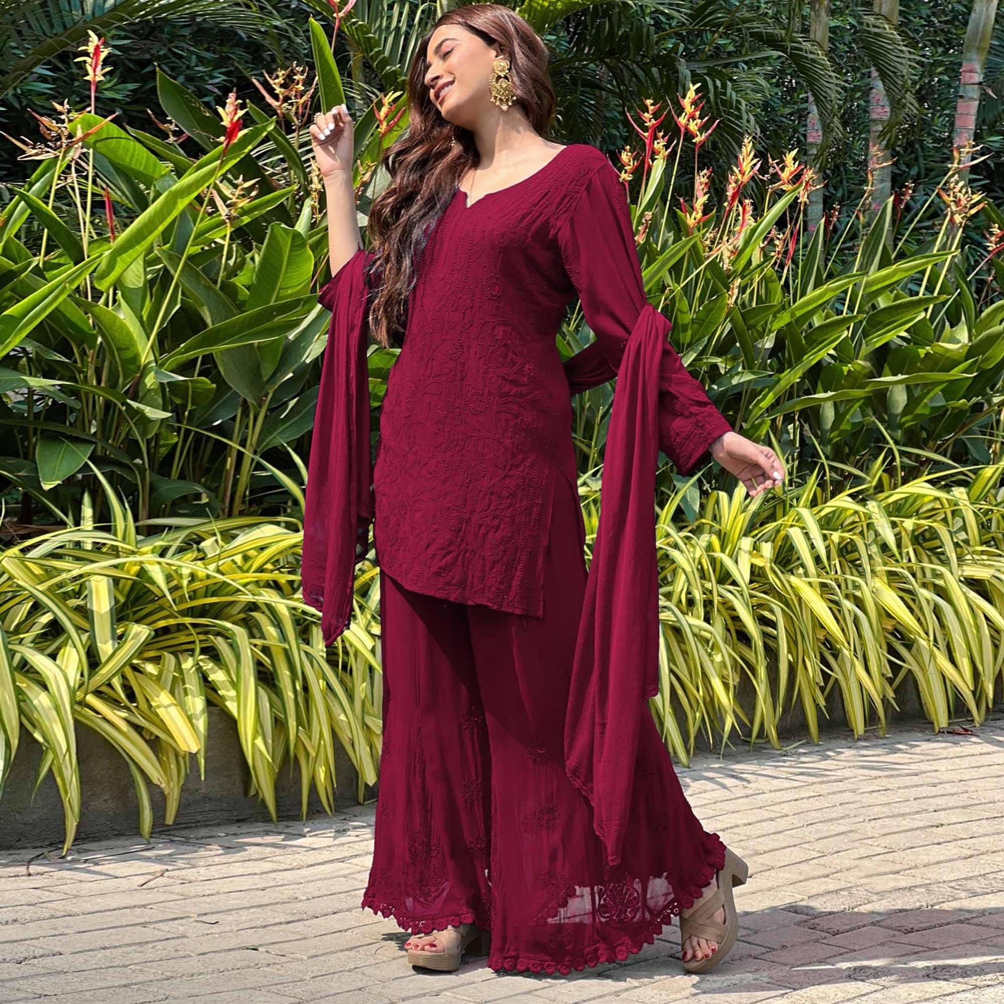 Maroon Floral Lucknowi Embroidered Georgette Sharara Suit - Peachmode