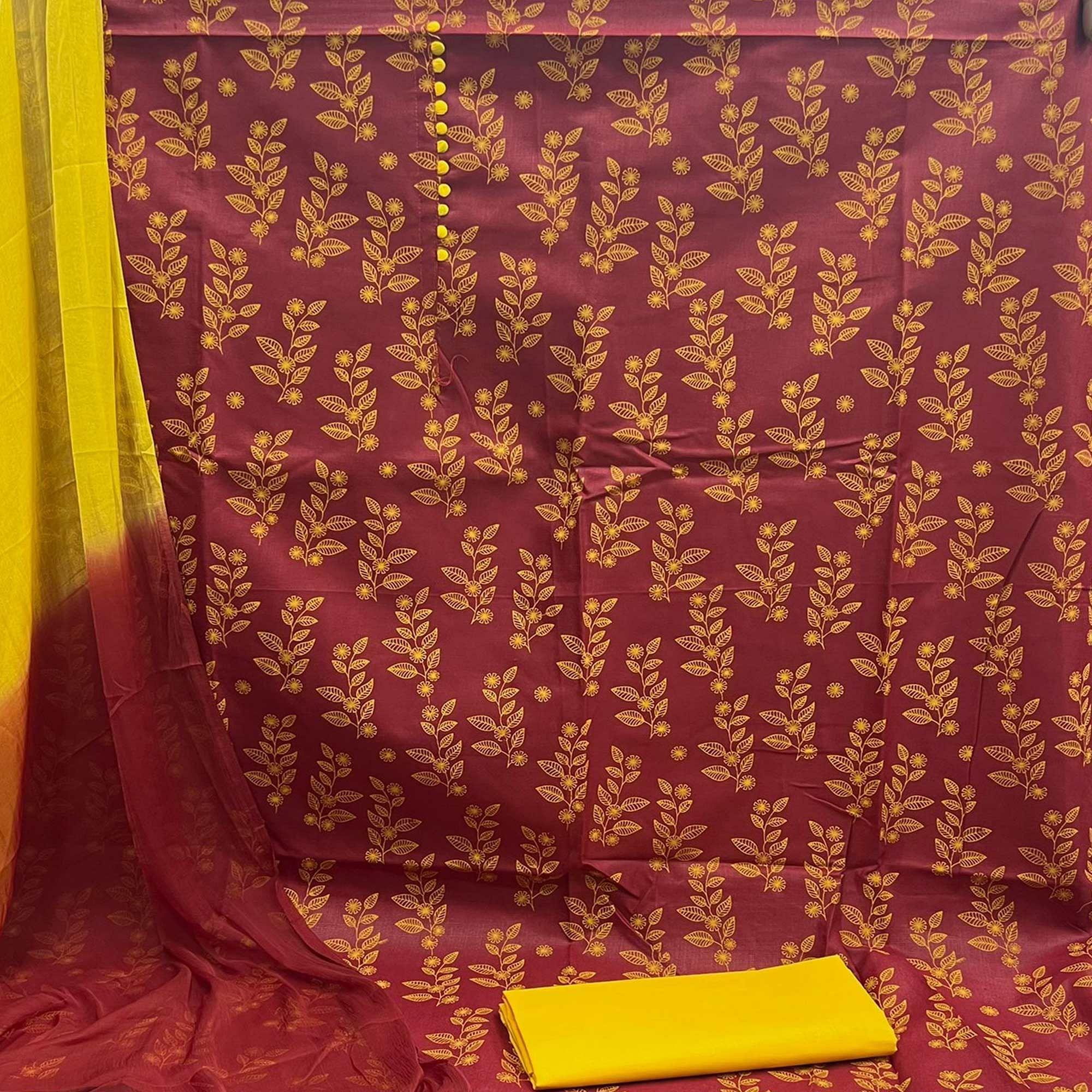 Maroon Floral Printed Cotton Dress Material - Peachmode