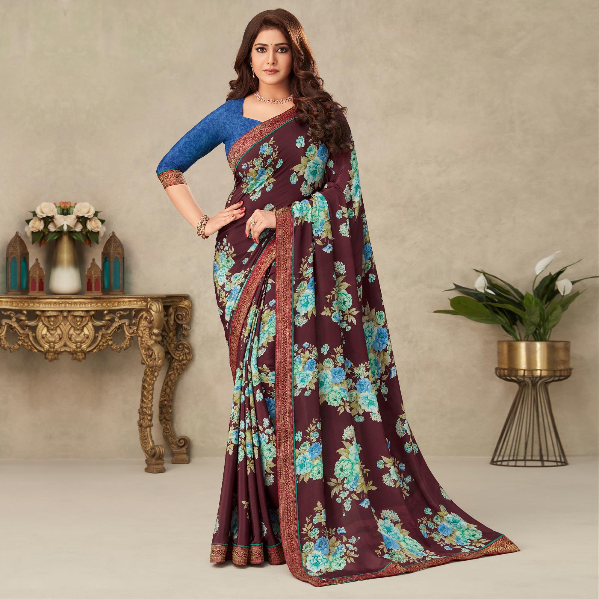 Maroon Floral Printed Crepe Saree - Peachmode