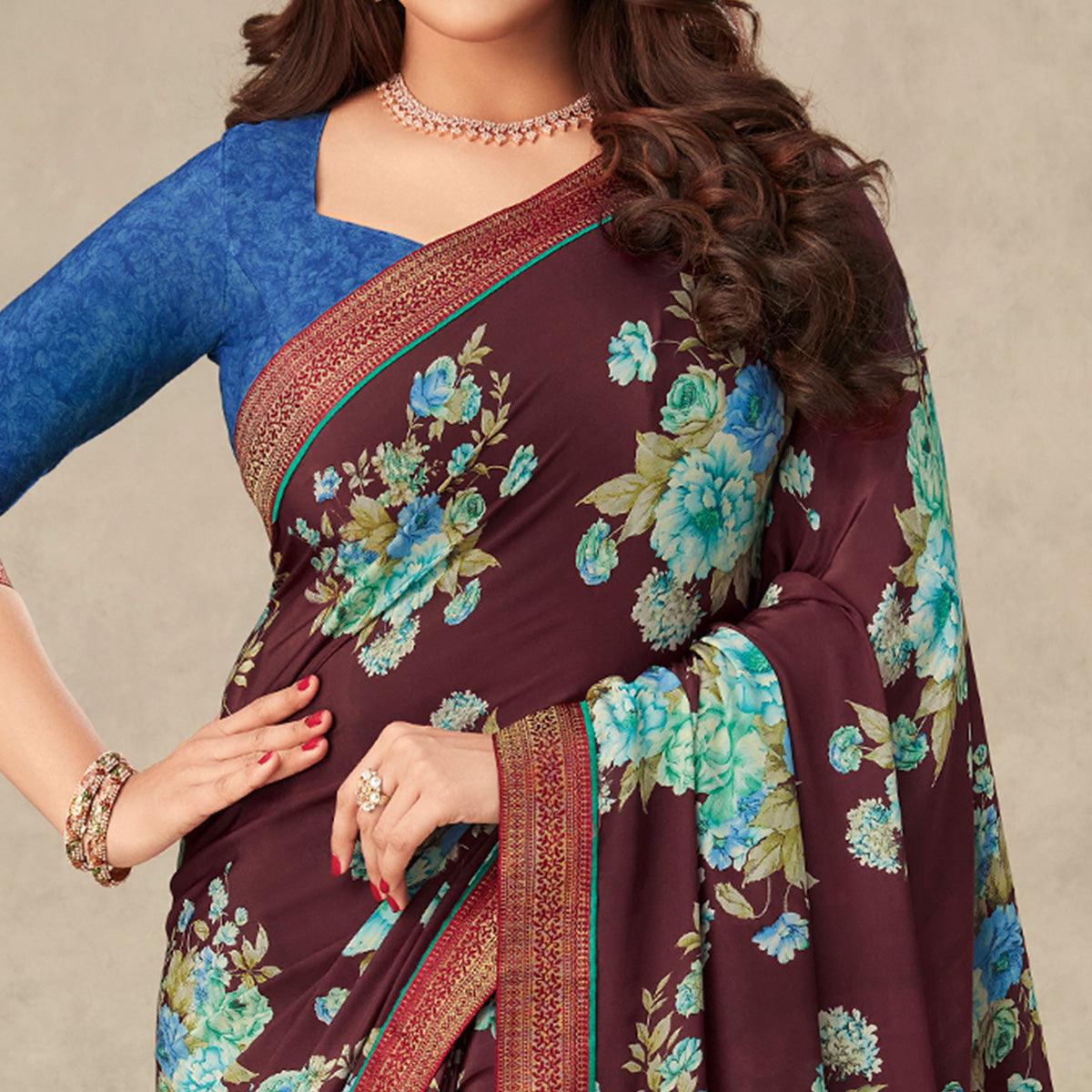 Maroon Floral Printed Crepe Saree - Peachmode