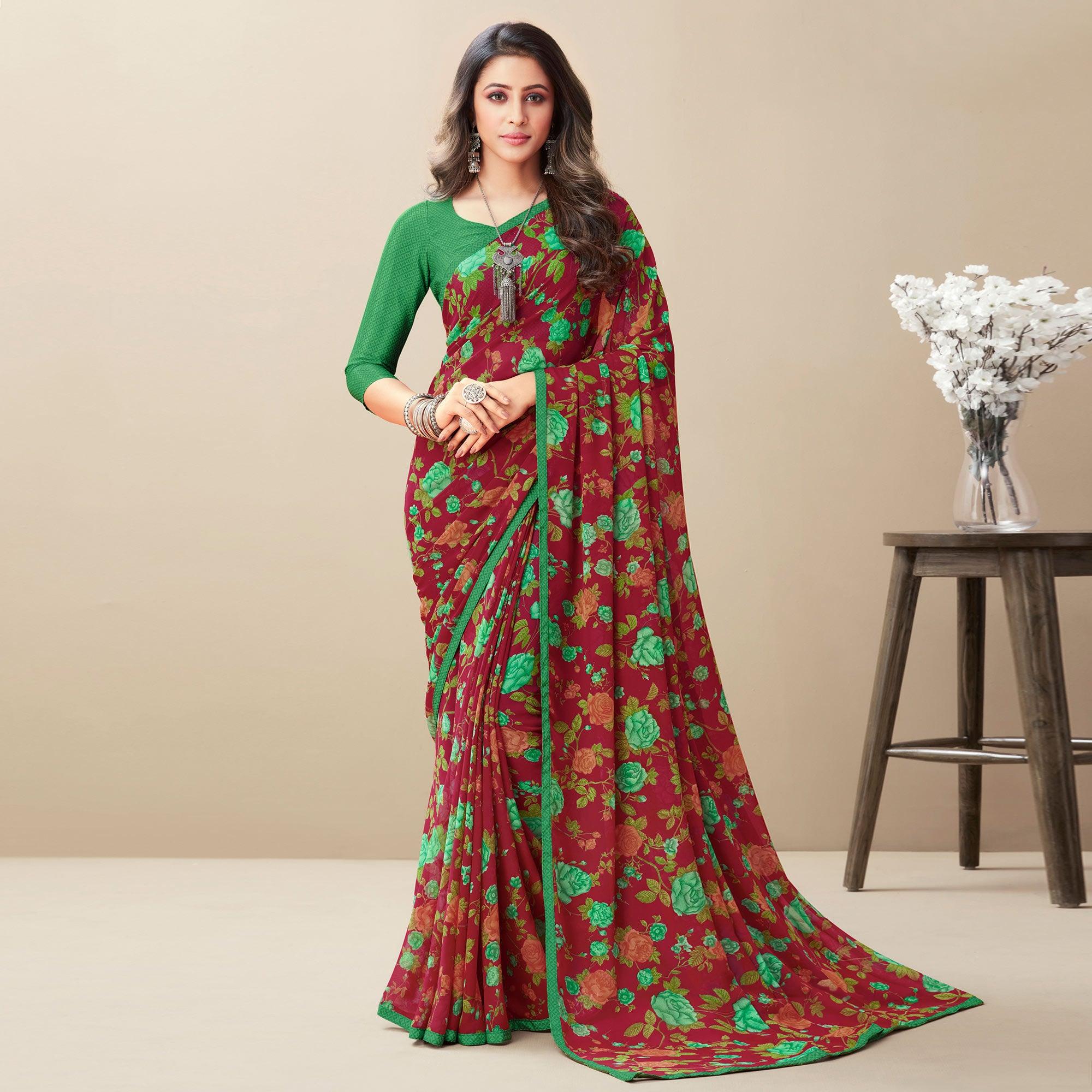 Maroon Floral Printed Georgette Saree - Peachmode