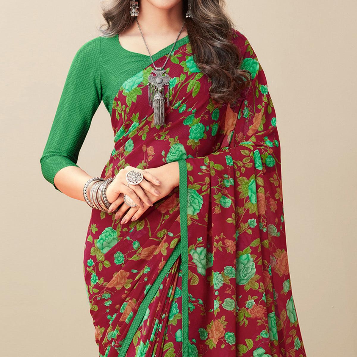 Maroon Floral Printed Georgette Saree - Peachmode