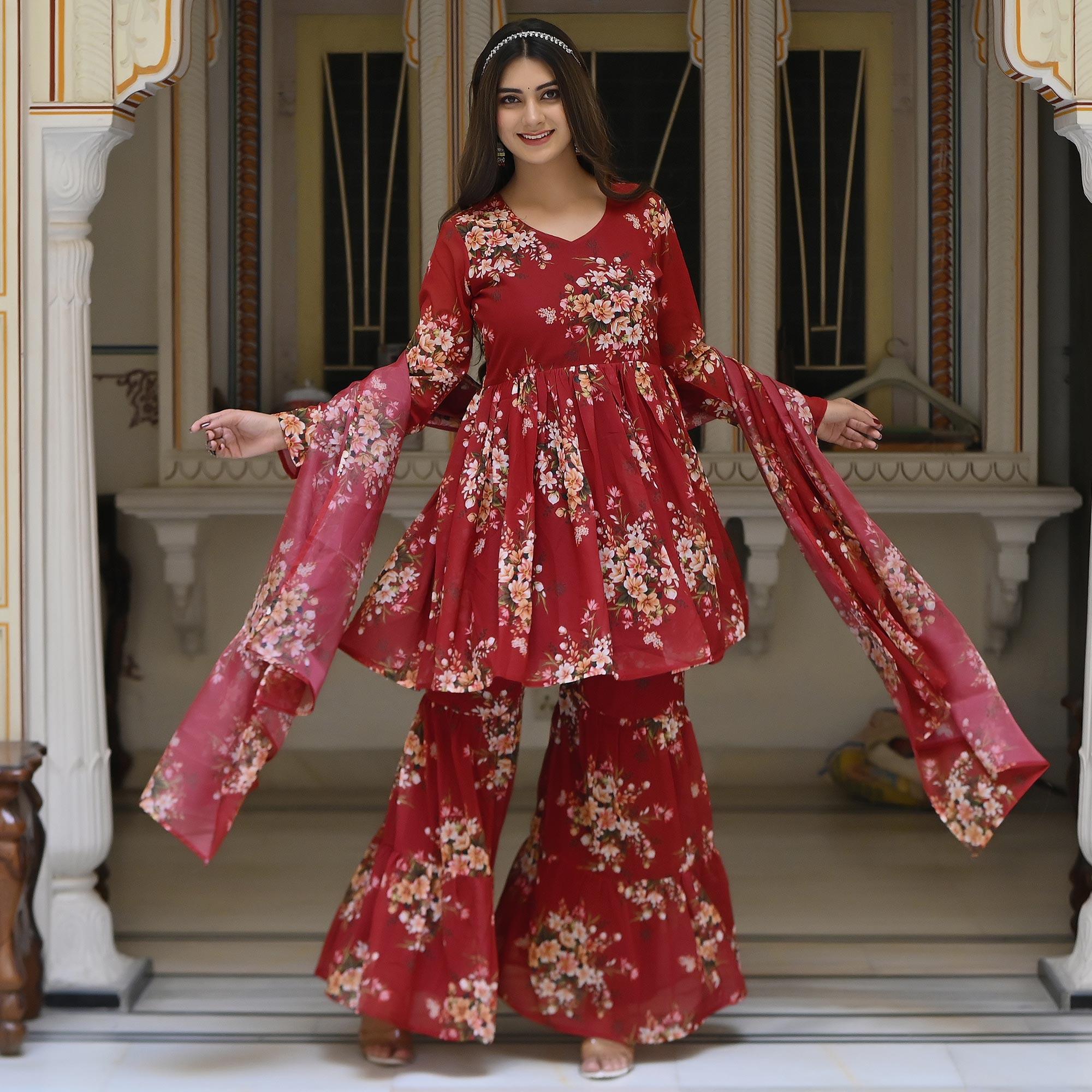 Maroon Floral Printed Georgette Sharara Suit - Peachmode