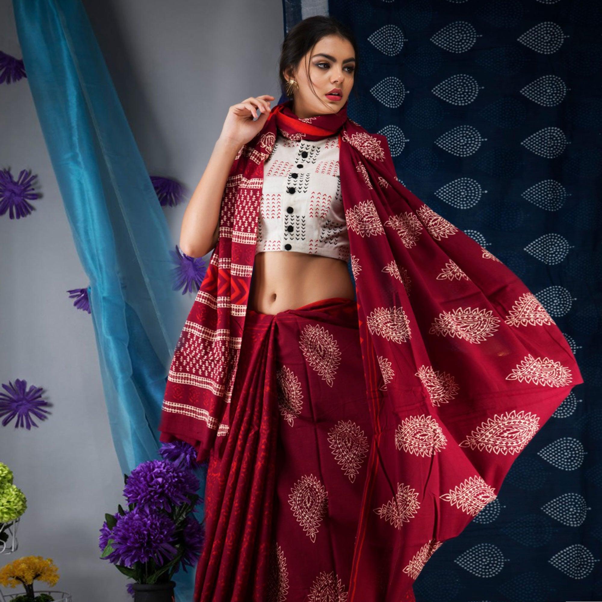 Maroon Floral Printed Linen Saree - Peachmode