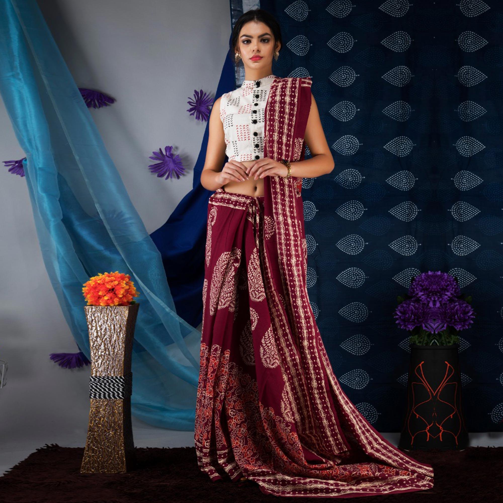 Maroon Floral Printed Linen Saree - Peachmode