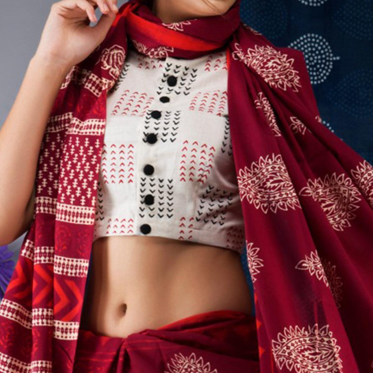 Maroon Floral Printed Linen Saree - Peachmode