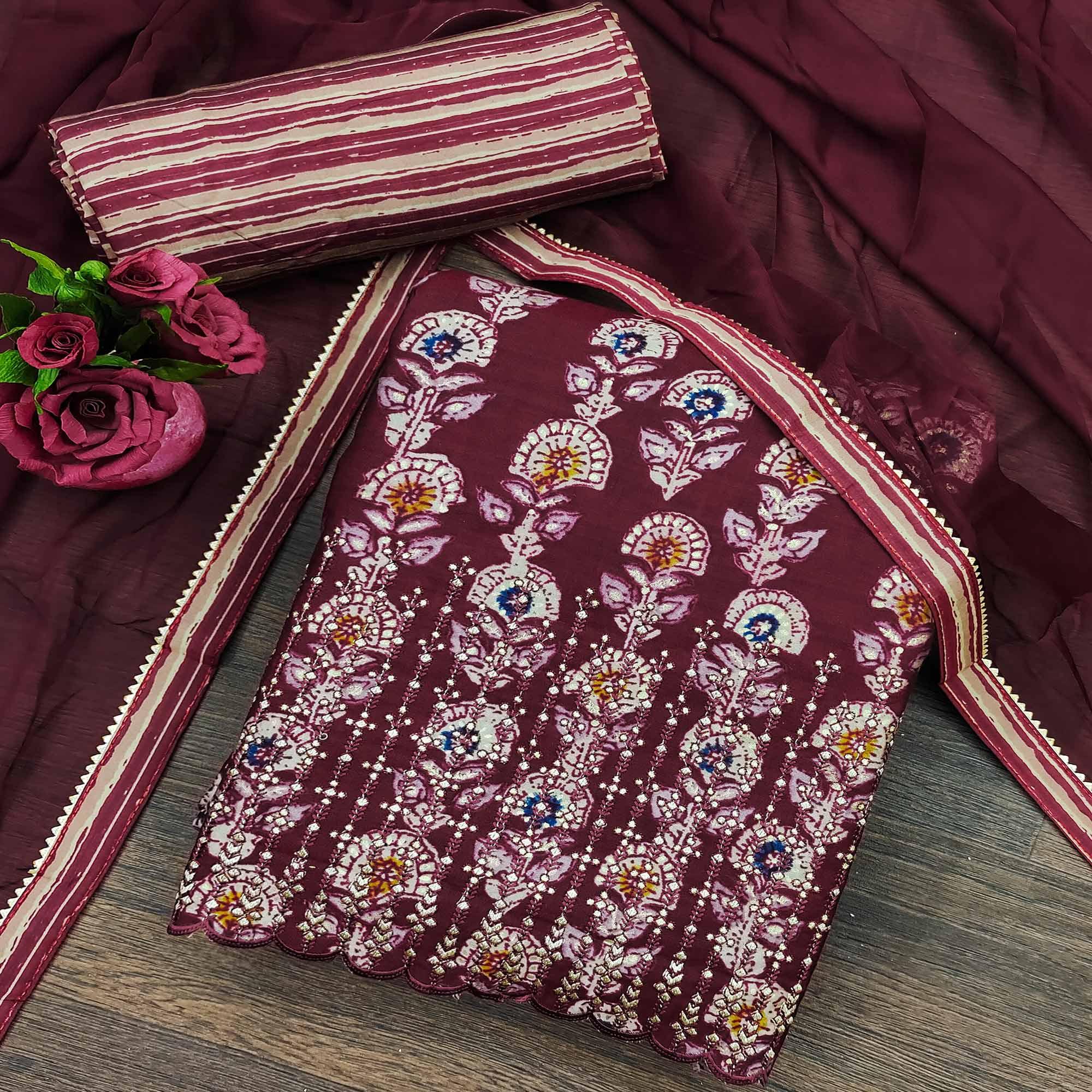 Maroon Floral Printed Pure Cotton Dress Material - Peachmode