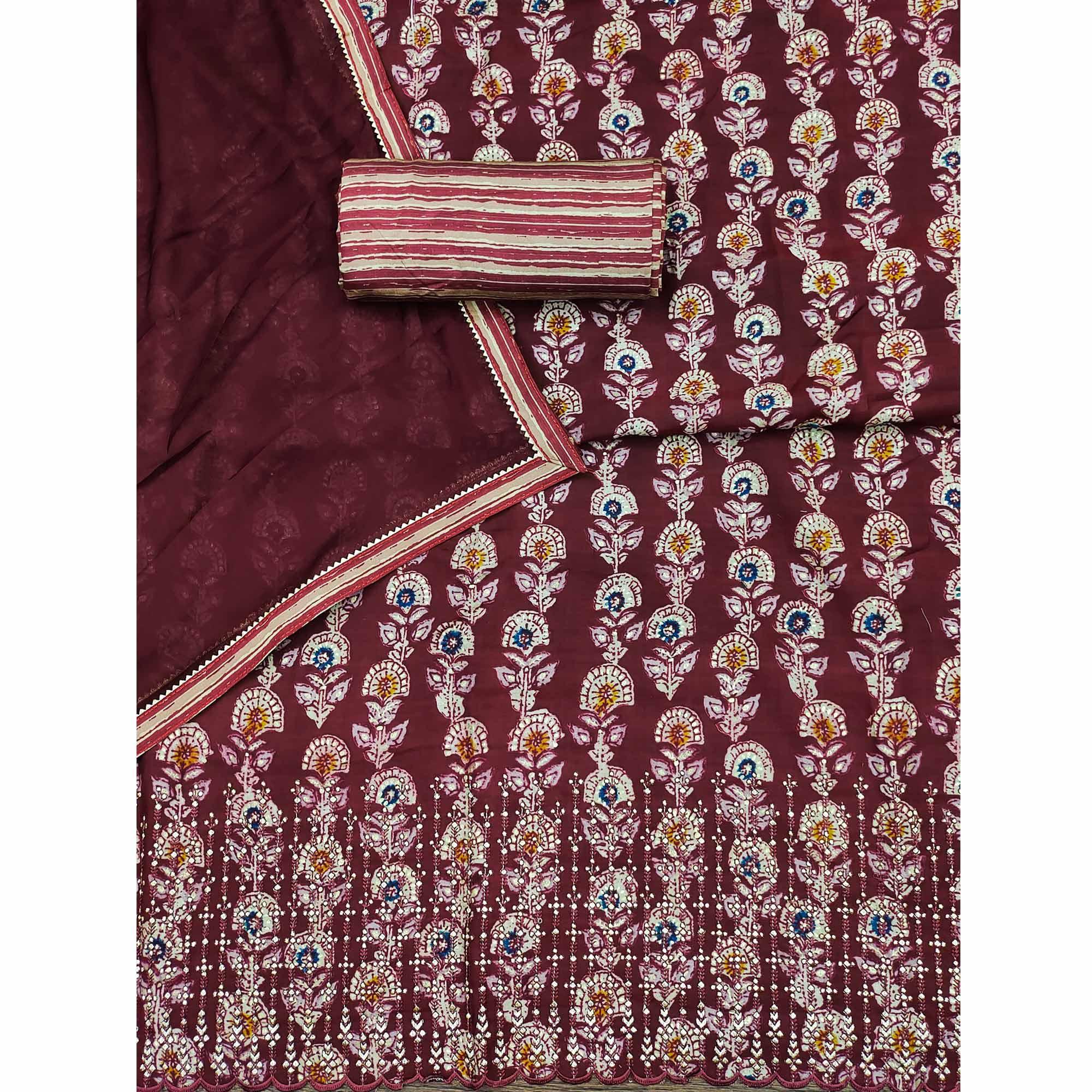 Maroon Floral Printed Pure Cotton Dress Material - Peachmode