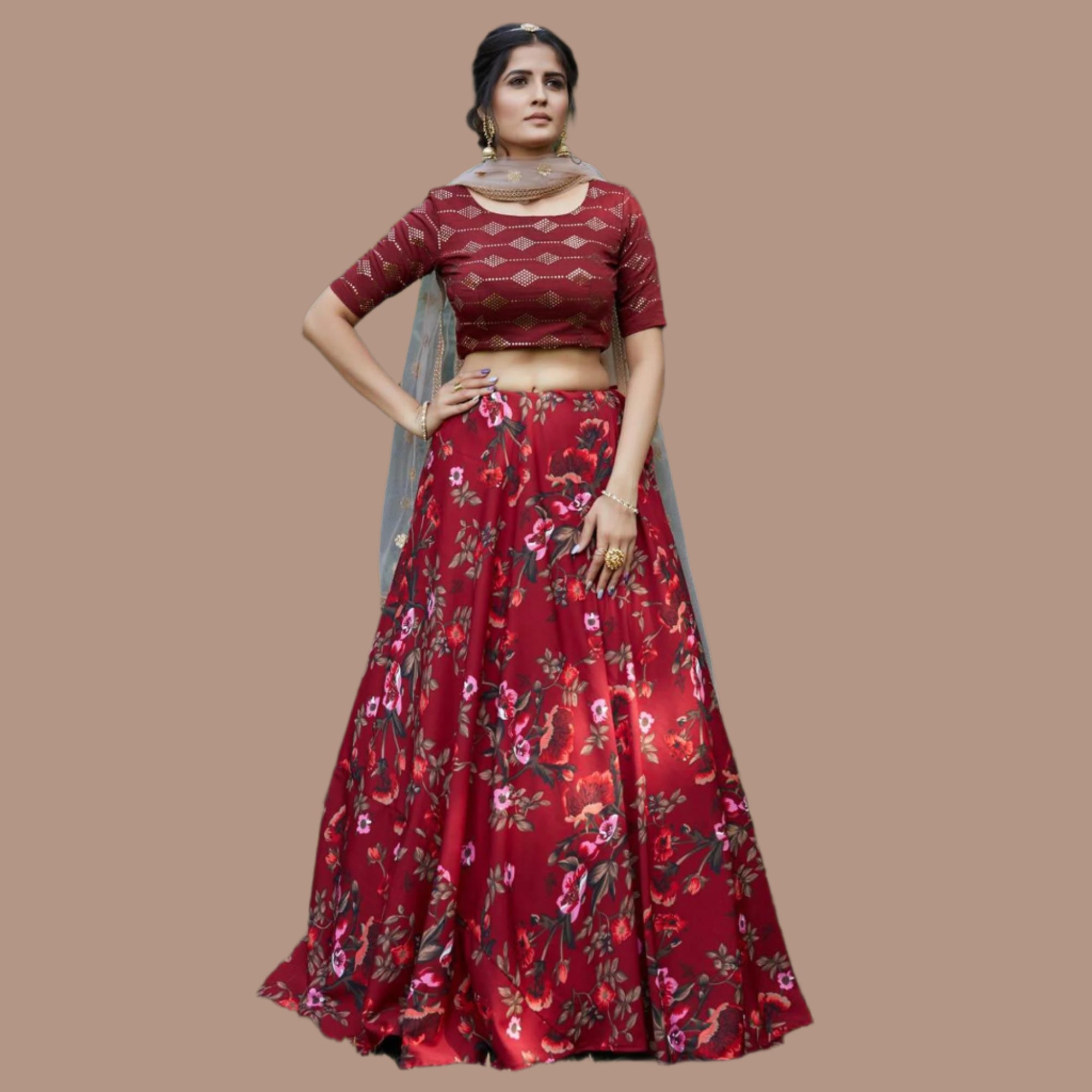 Maroon Floral Printed Raw Silk Lehenga Choli - Peachmode