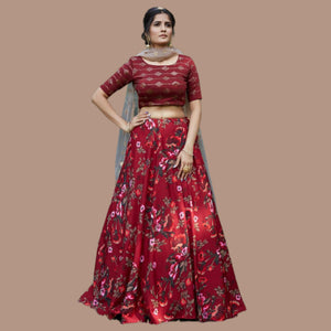 Maroon Floral Printed Raw Silk Lehenga Choli - Peachmode