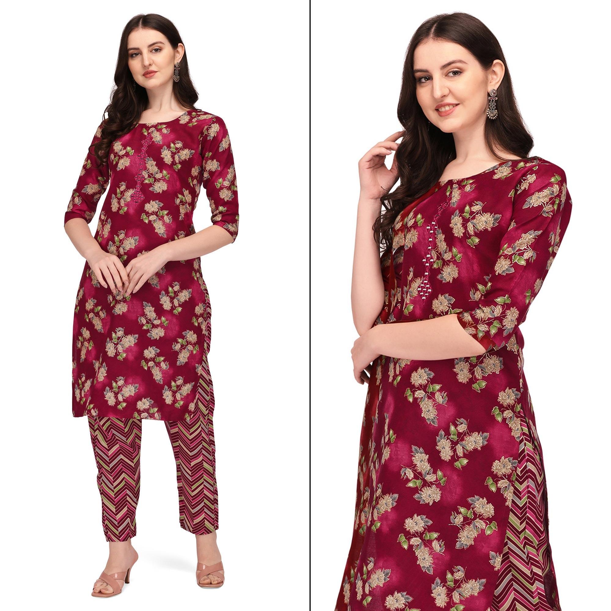 Maroon Floral Printed With Embroidered Poly Cotton Kurti Pant Set - Peachmode
