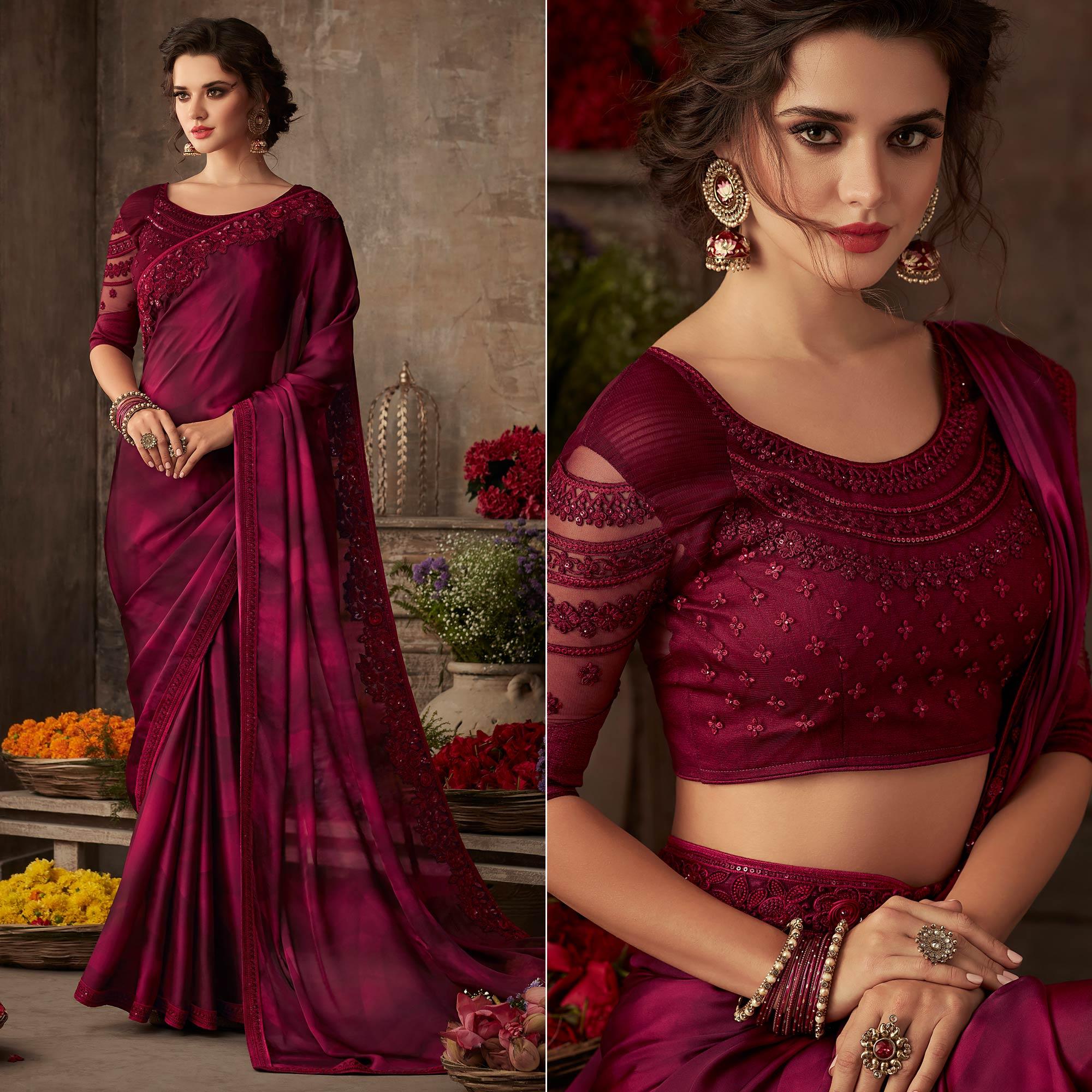 Maroon Floral Sequence Embroidered Art SIlk Saree - Peachmode