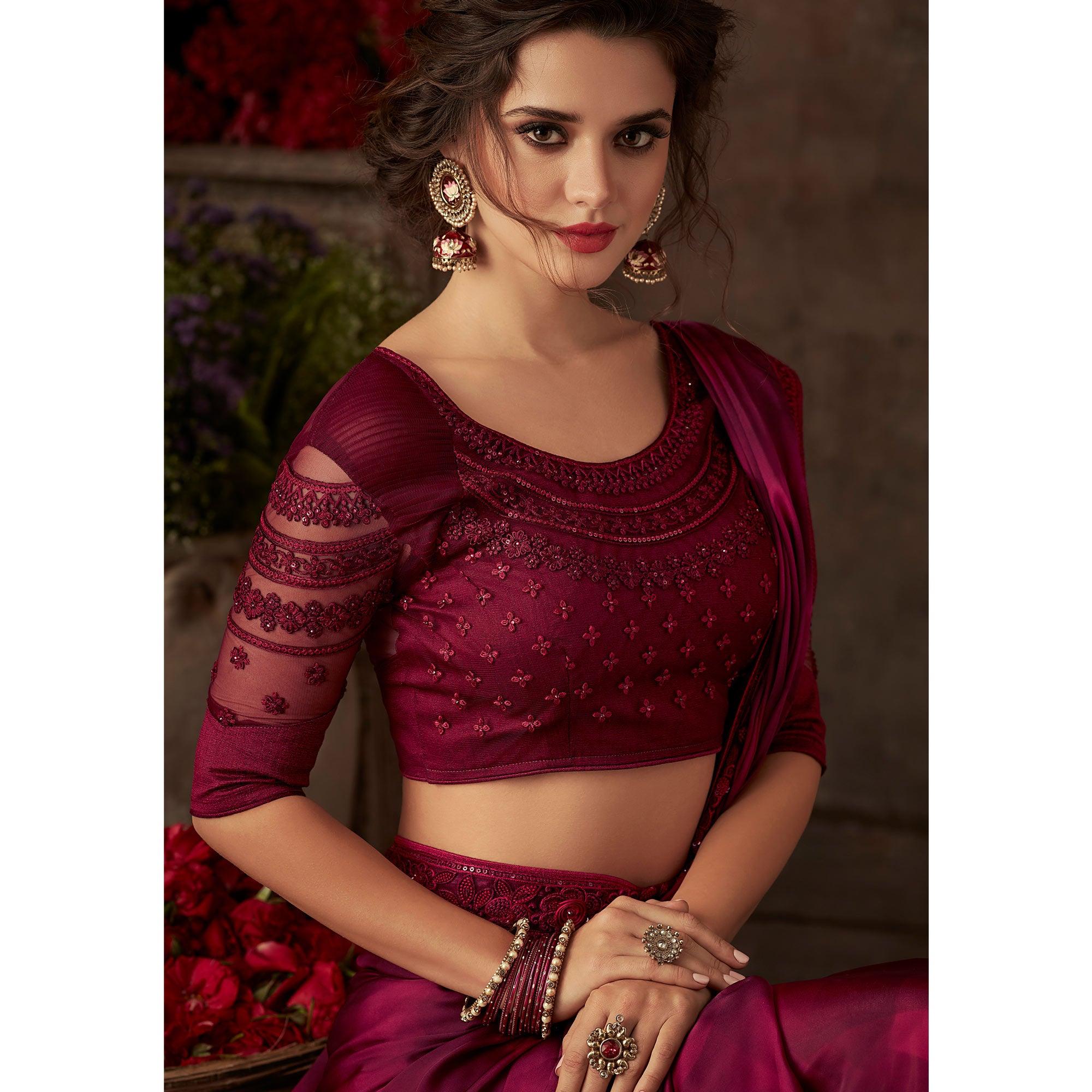 Maroon Floral Sequence Embroidered Art SIlk Saree - Peachmode