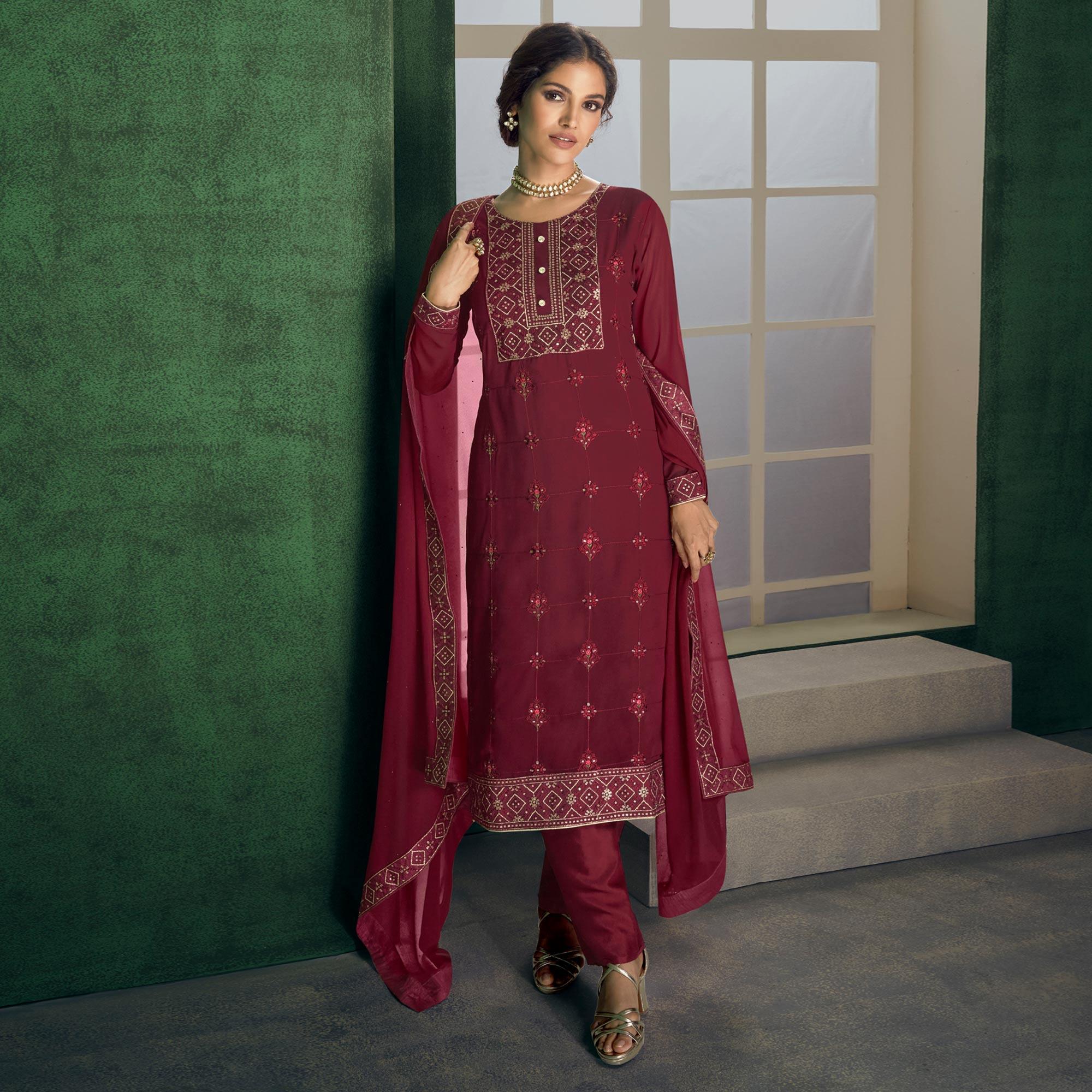 Maroon Floral Sequence Embroidered Georgette Partywear Suit - Peachmode
